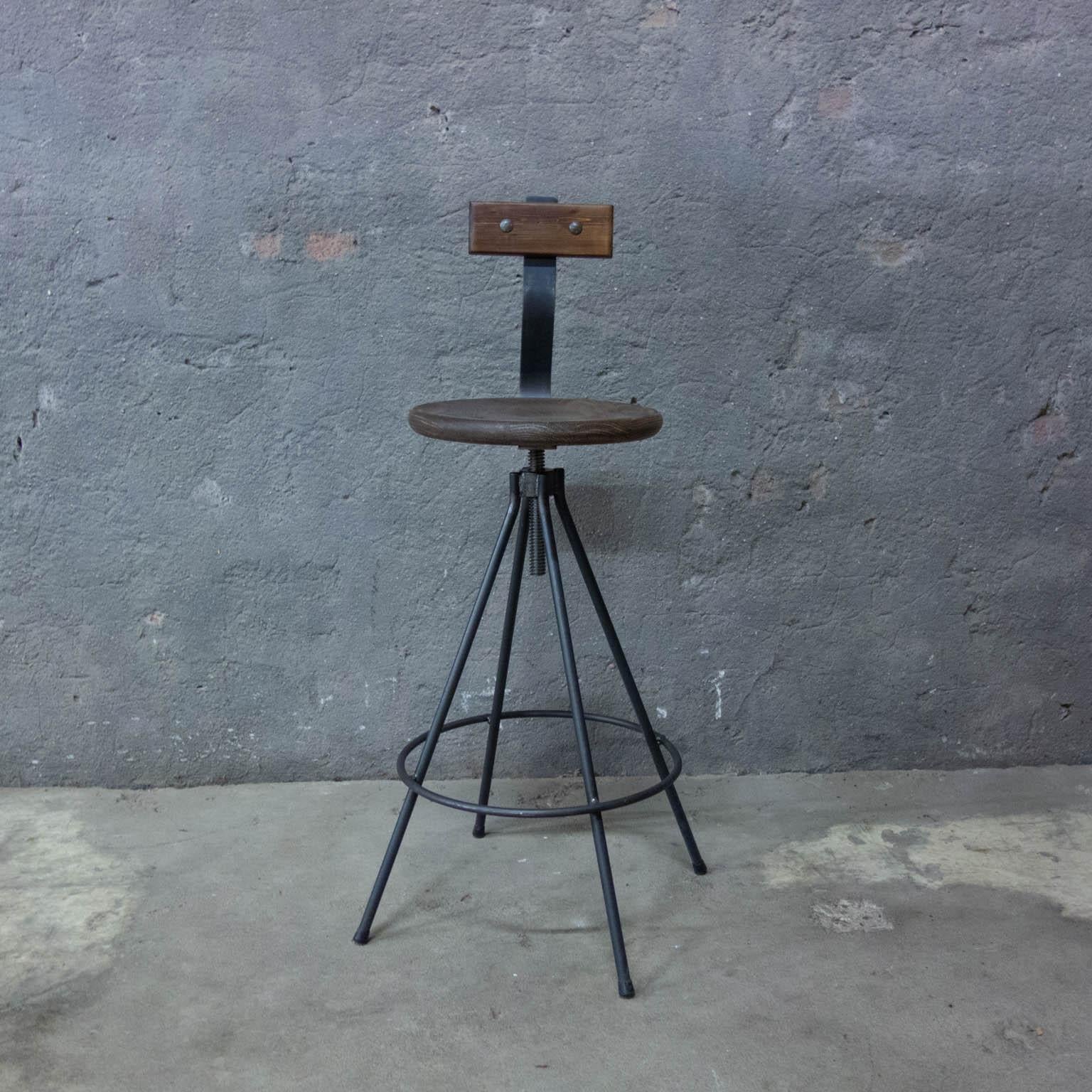 Contemporary Handmade Industrial Bar Stools with Back and Spindle For Sale