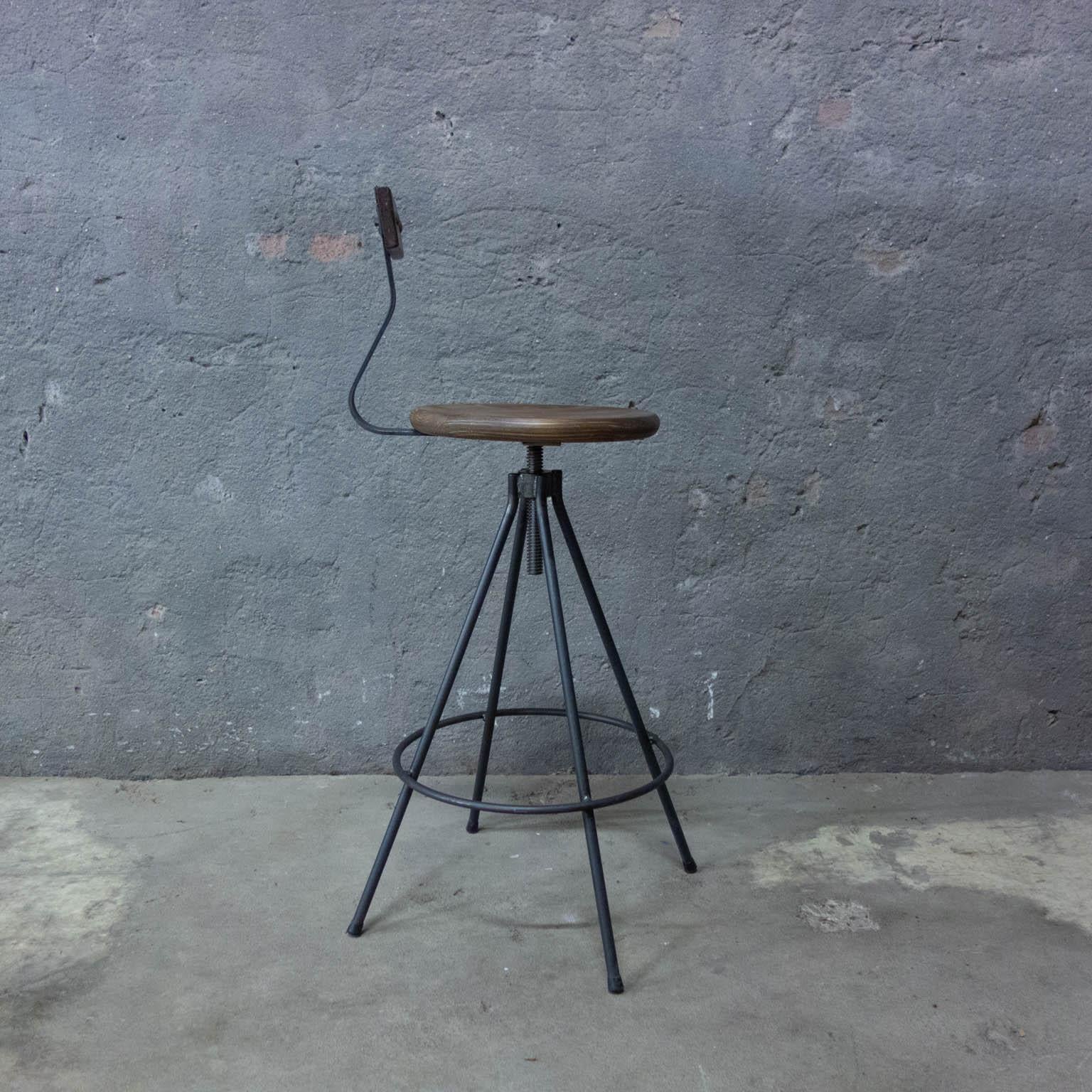 Wood Handmade Industrial Bar Stools with Back and Spindle For Sale