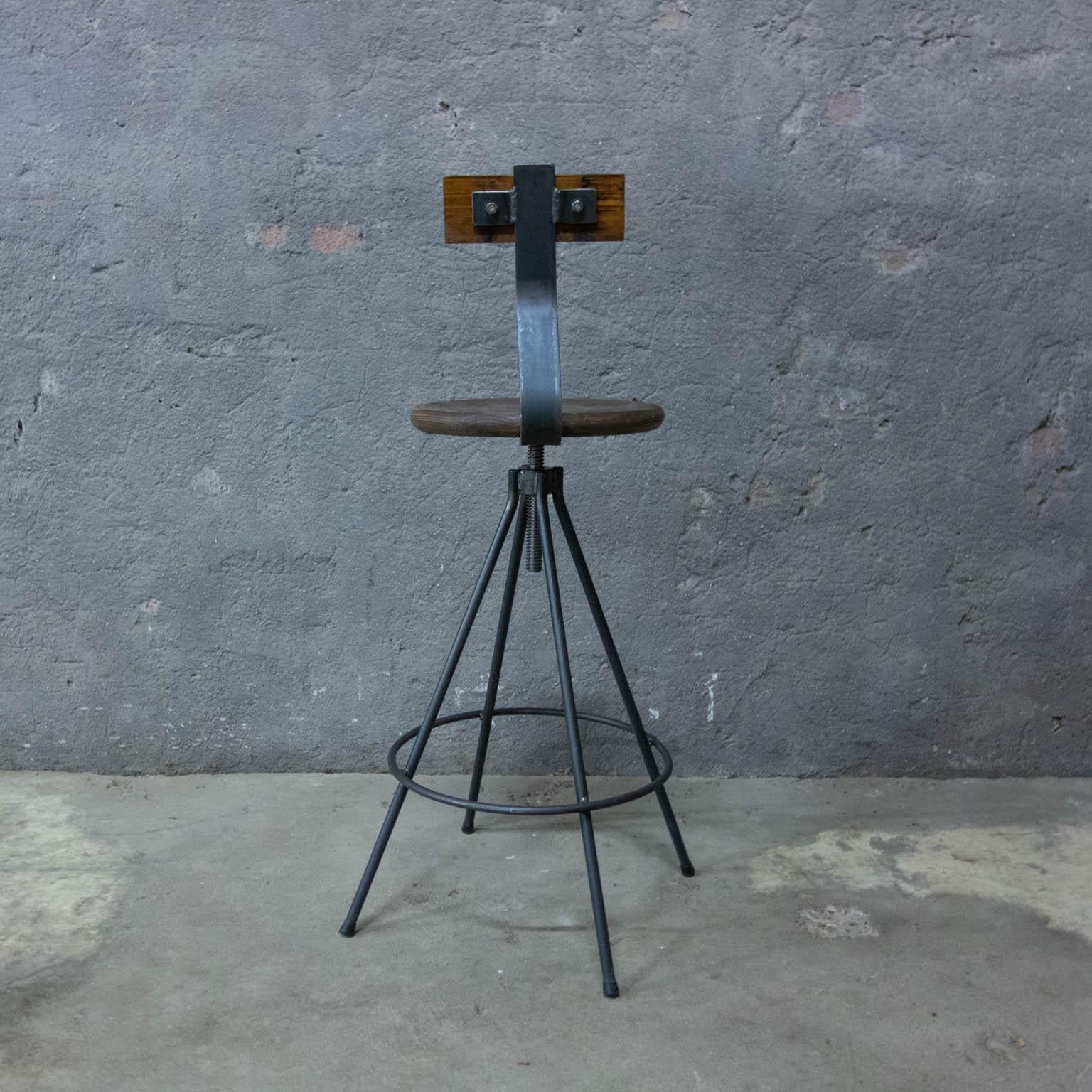 Handmade Industrial Bar Stools with Back and Spindle For Sale 1