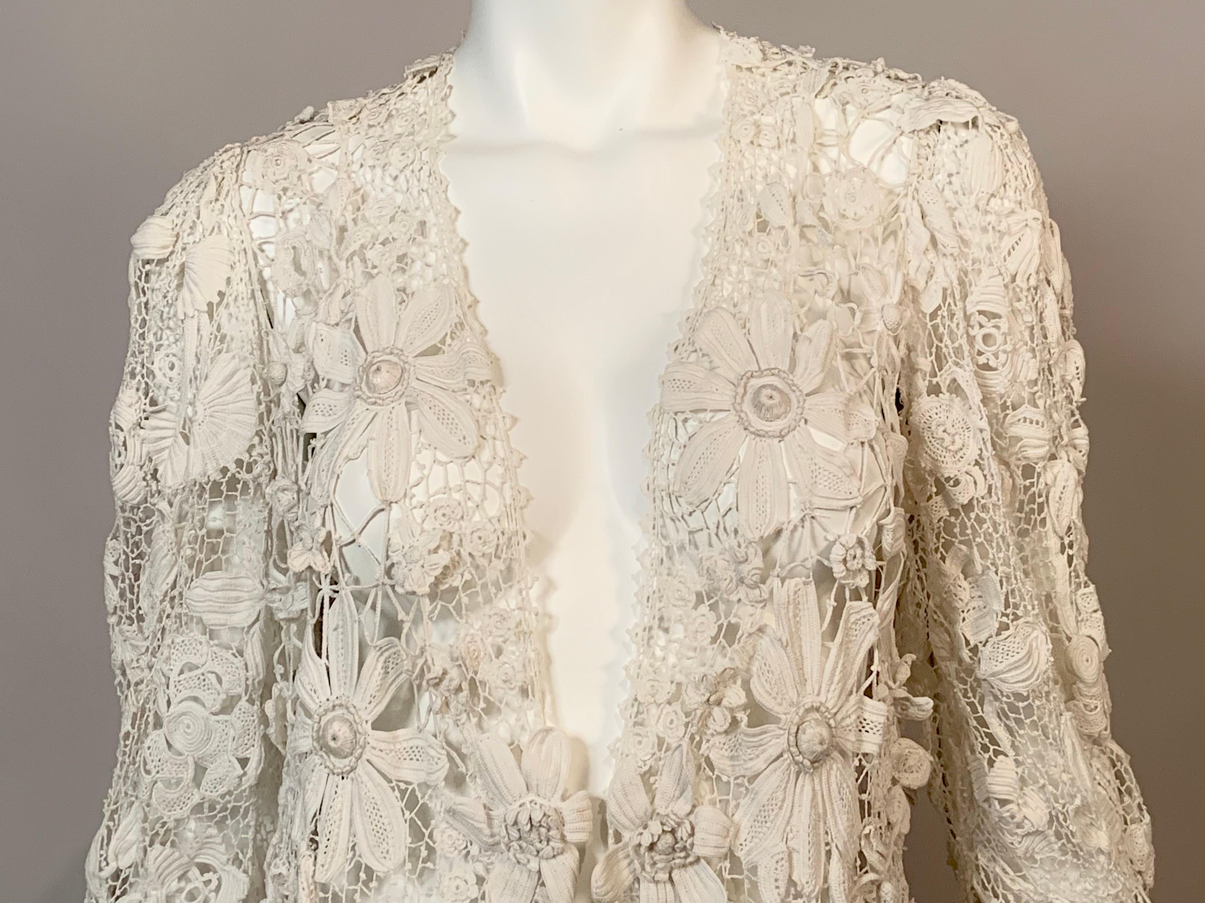 Women's Hand Made Irish Lace Coat with Unusual Large Floral Border circa 1900 For Sale