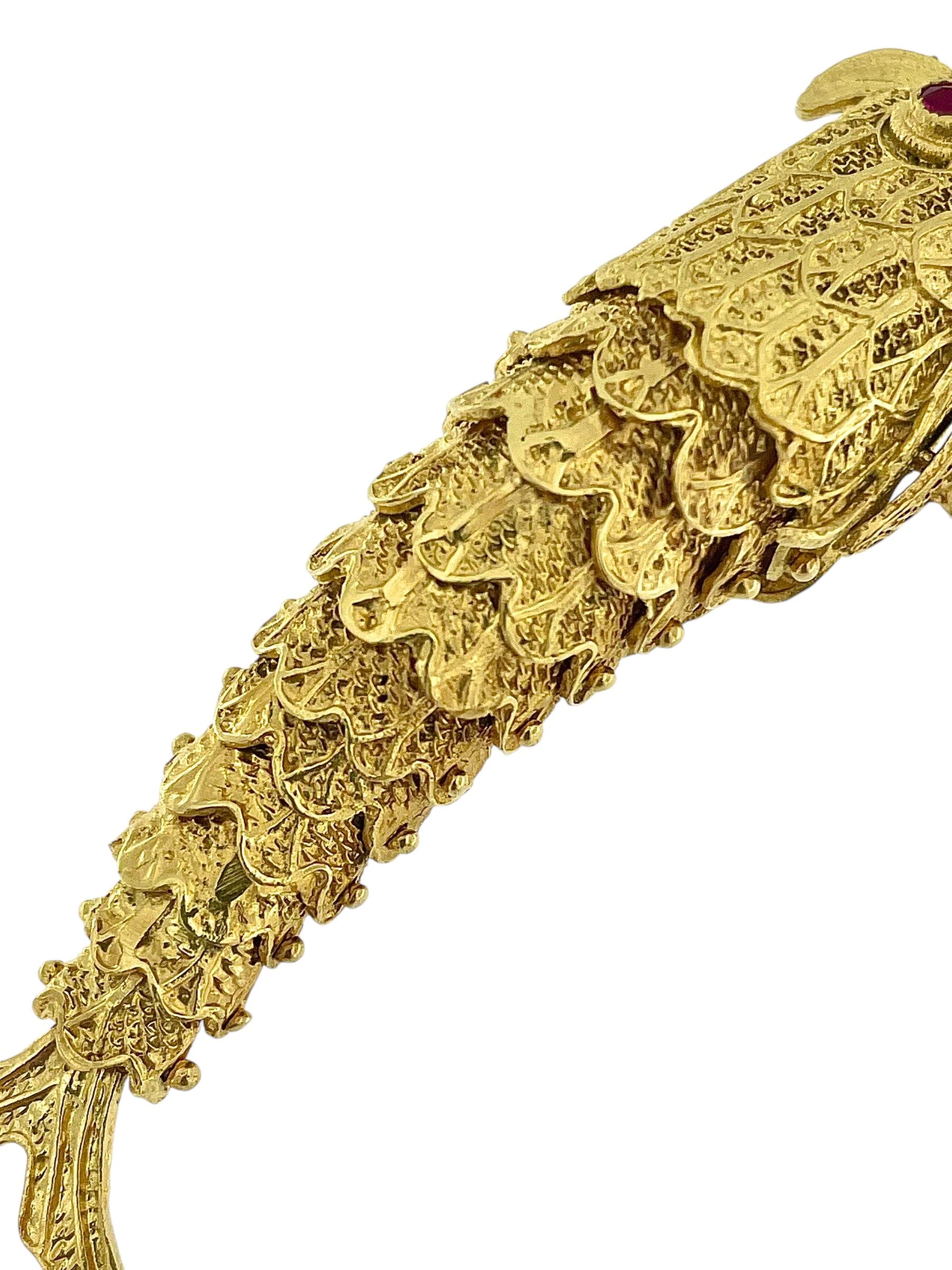 Brilliant Cut Hand-Made Italian Yellow Gold Fish Pendant with Rubies For Sale