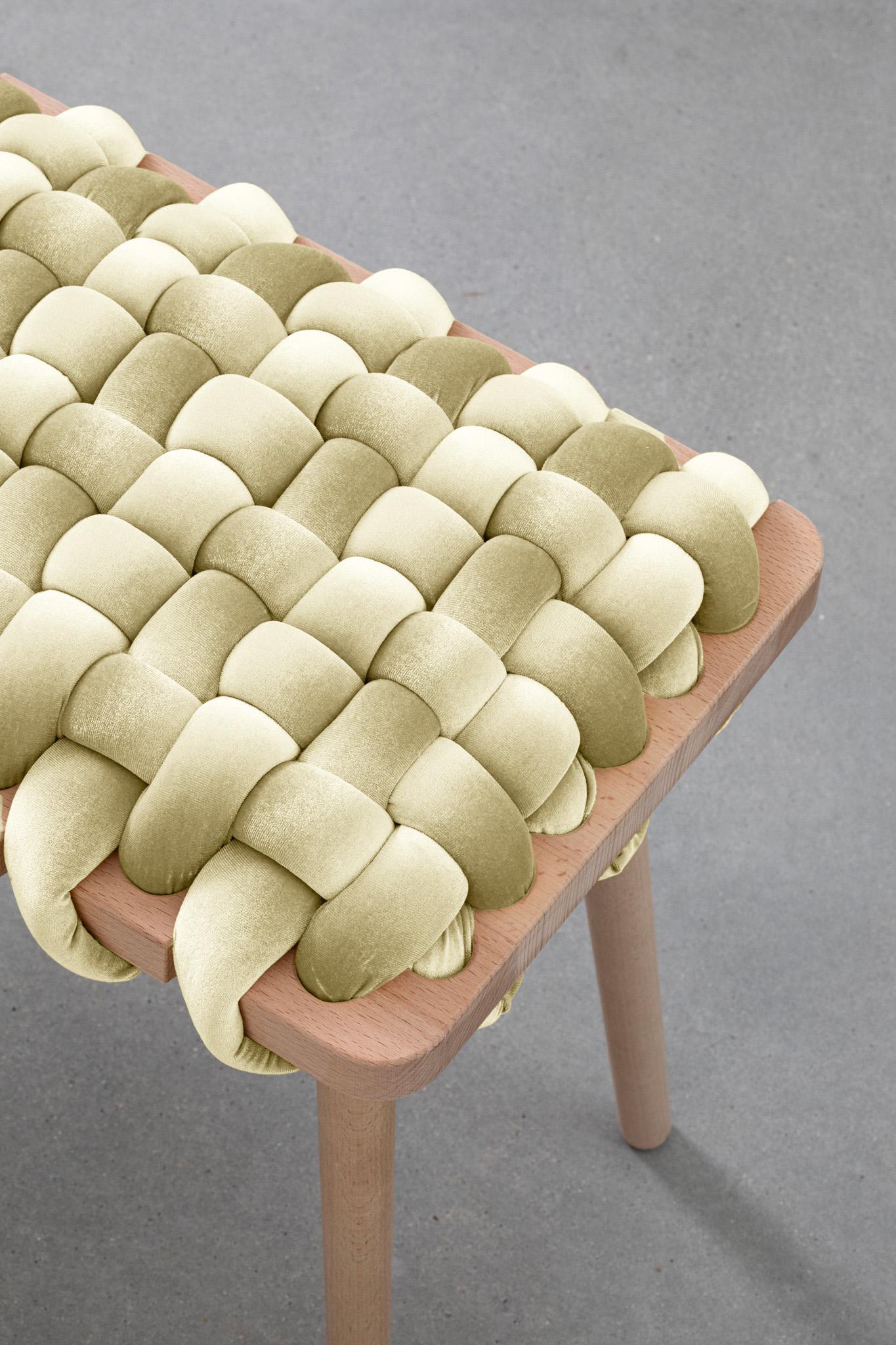 Moderne Hand Made Ivory Velvet Woven Bench 47