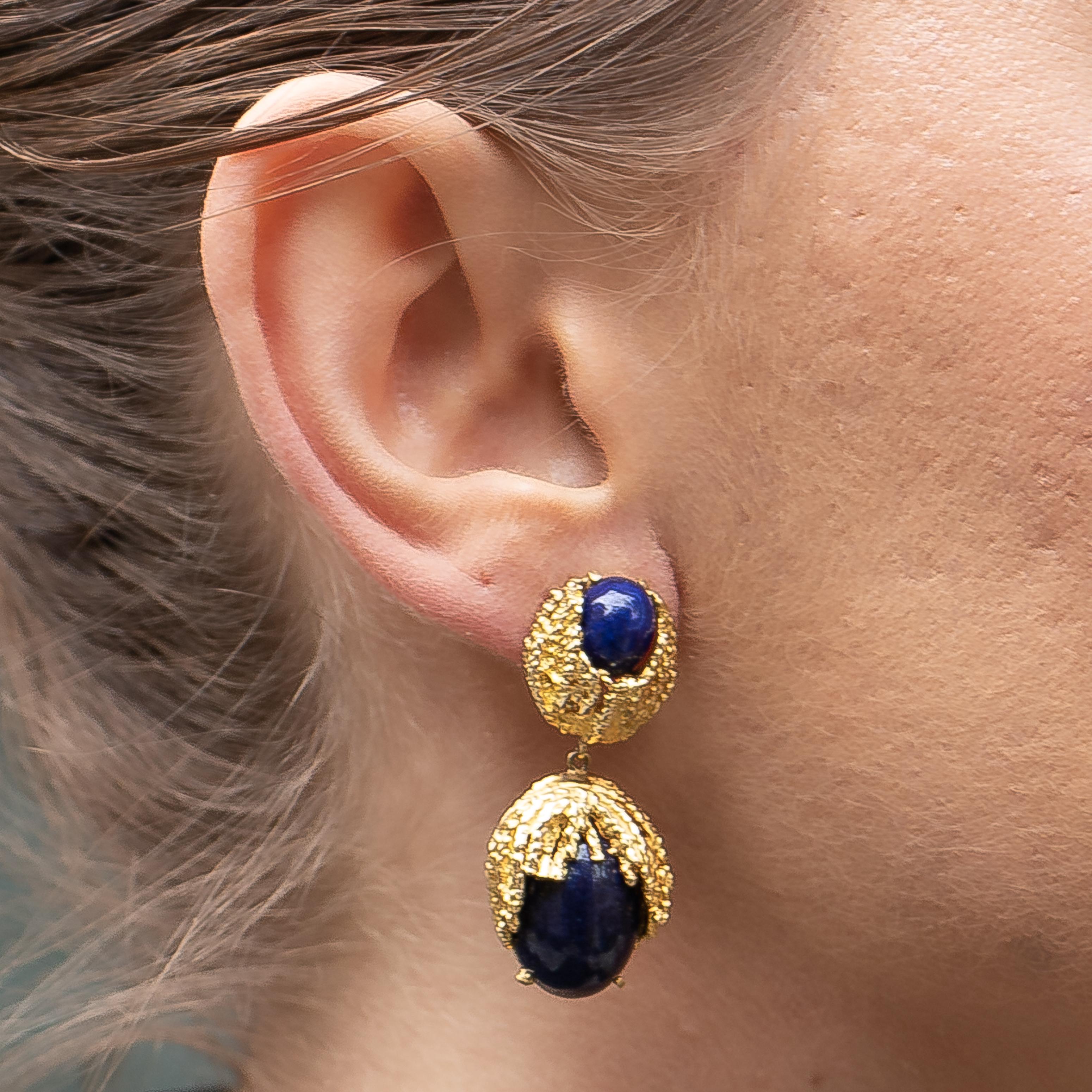 Women's or Men's Handmade Lapis Lazuli 18 Karat Yellow Gold Earrings