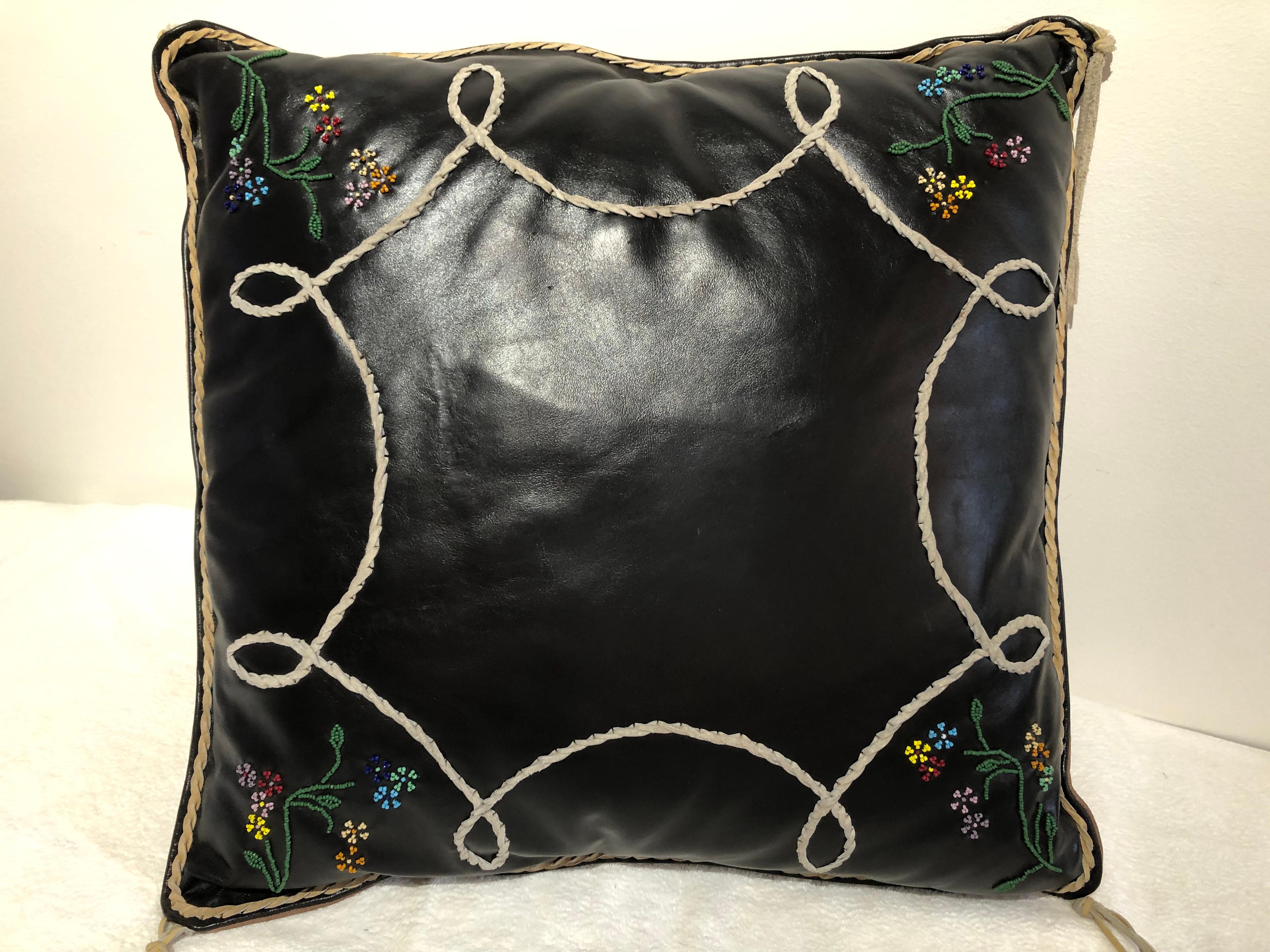 Hand-Crafted Handmade Leather Pillows Southwestern Style Embroidered, Beaded Hand Tooled