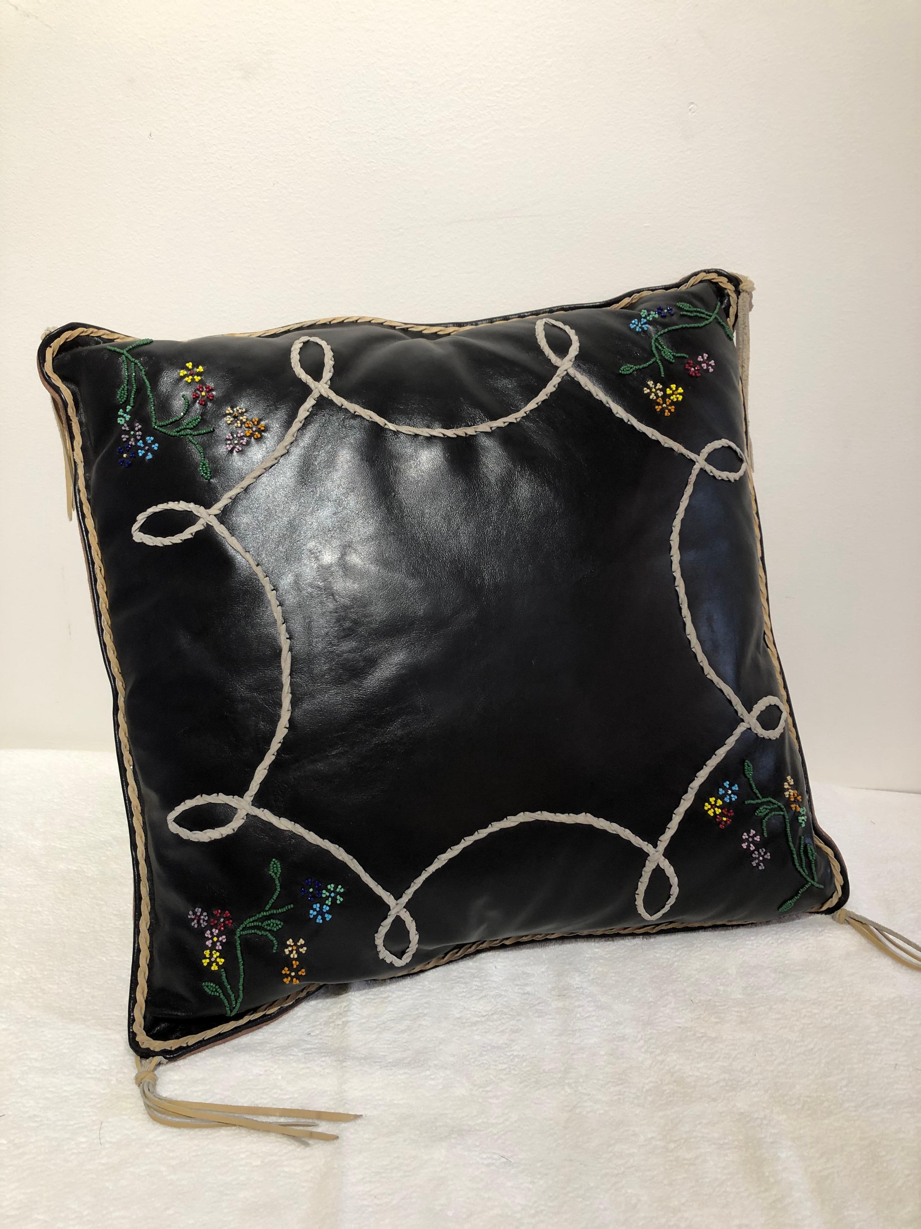 Handmade Leather Pillows Southwestern Style Embroidered, Beaded Hand Tooled In Good Condition In Westport, CT