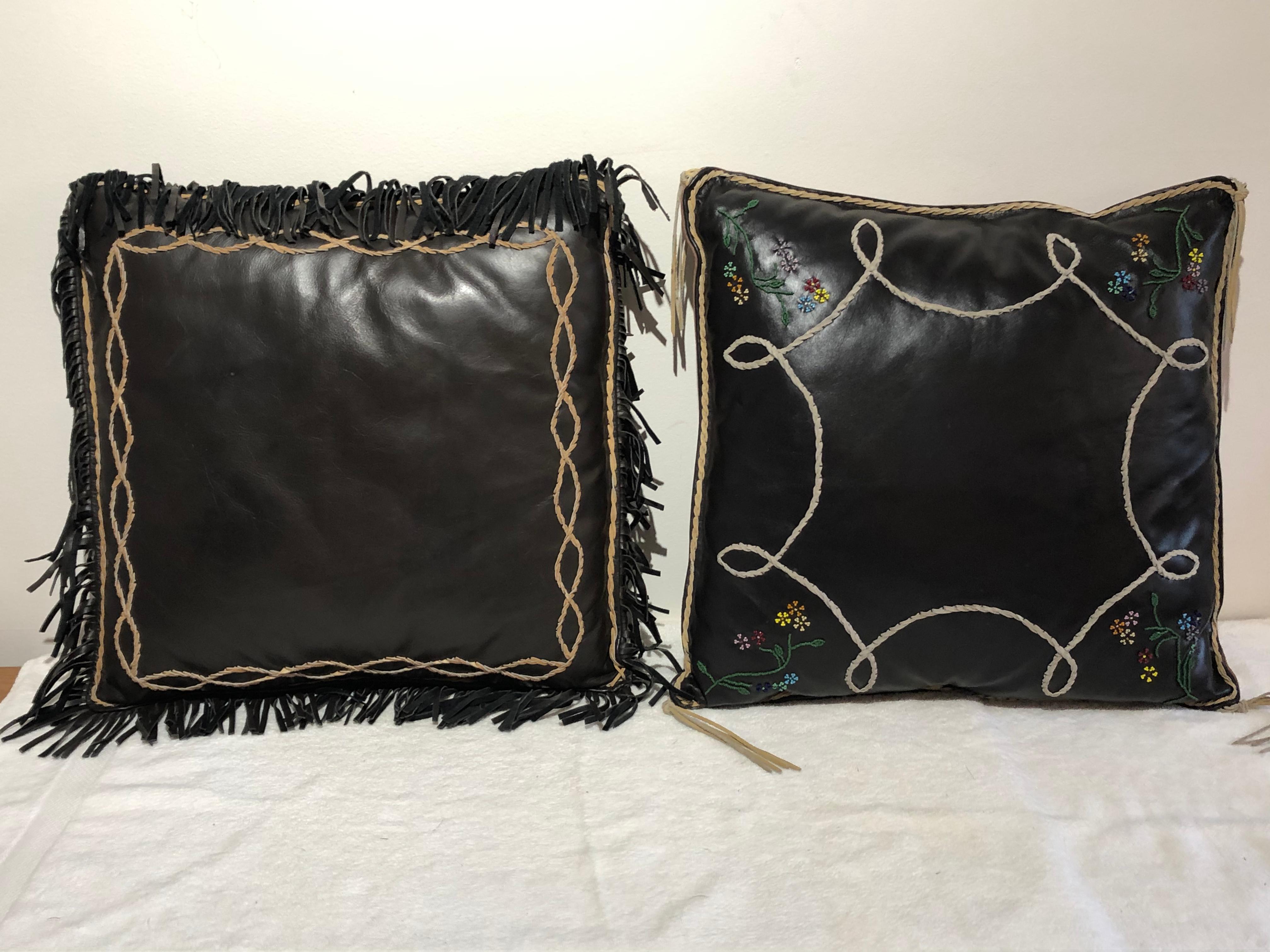 Handmade Leather Pillows Southwestern Style Embroidered, Beaded Hand Tooled 1