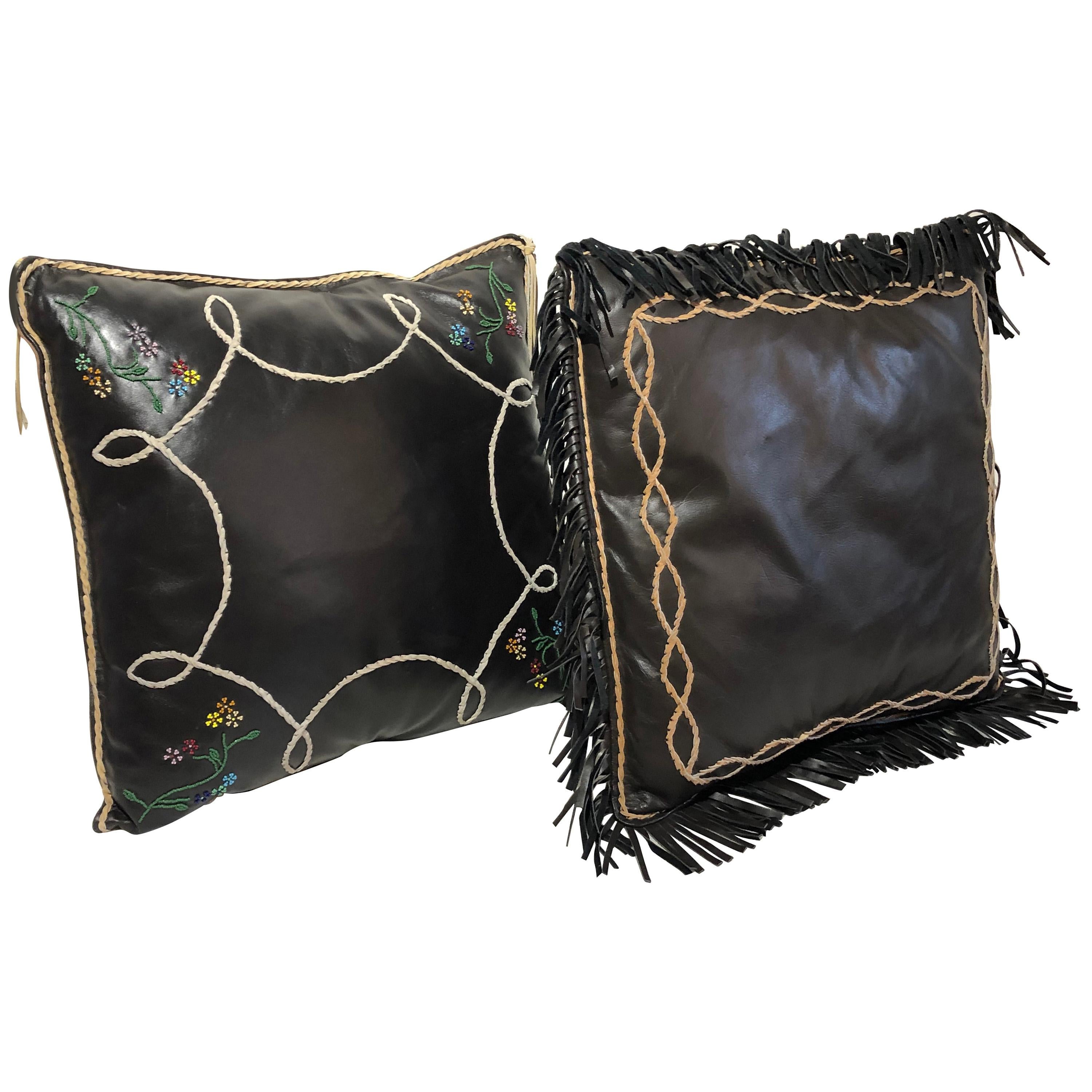 Handmade Leather Pillows Southwestern Style Embroidered, Beaded Hand Tooled