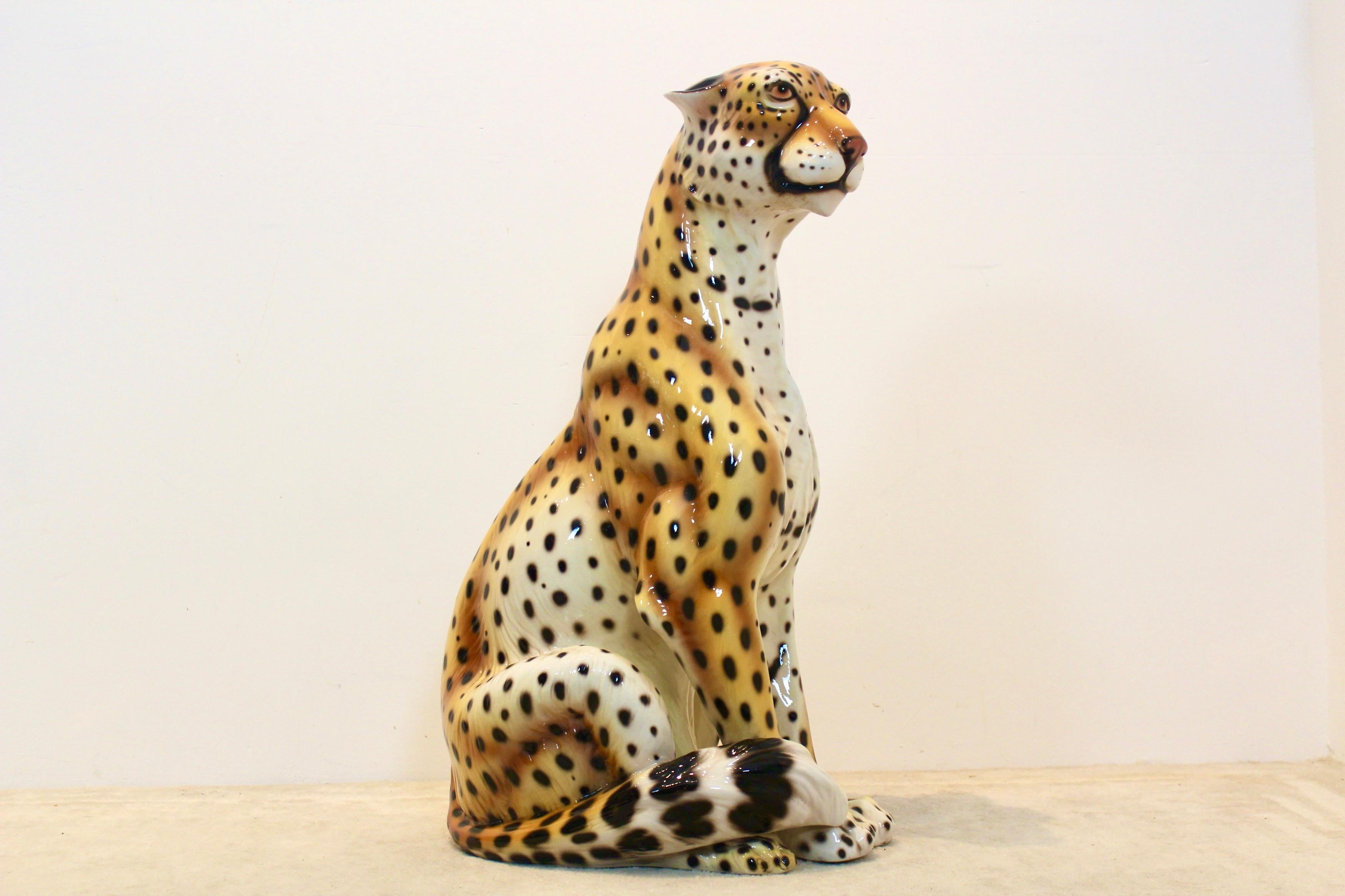 20th Century Handmade Life Size Italian Ceramic Leopard Sculpture