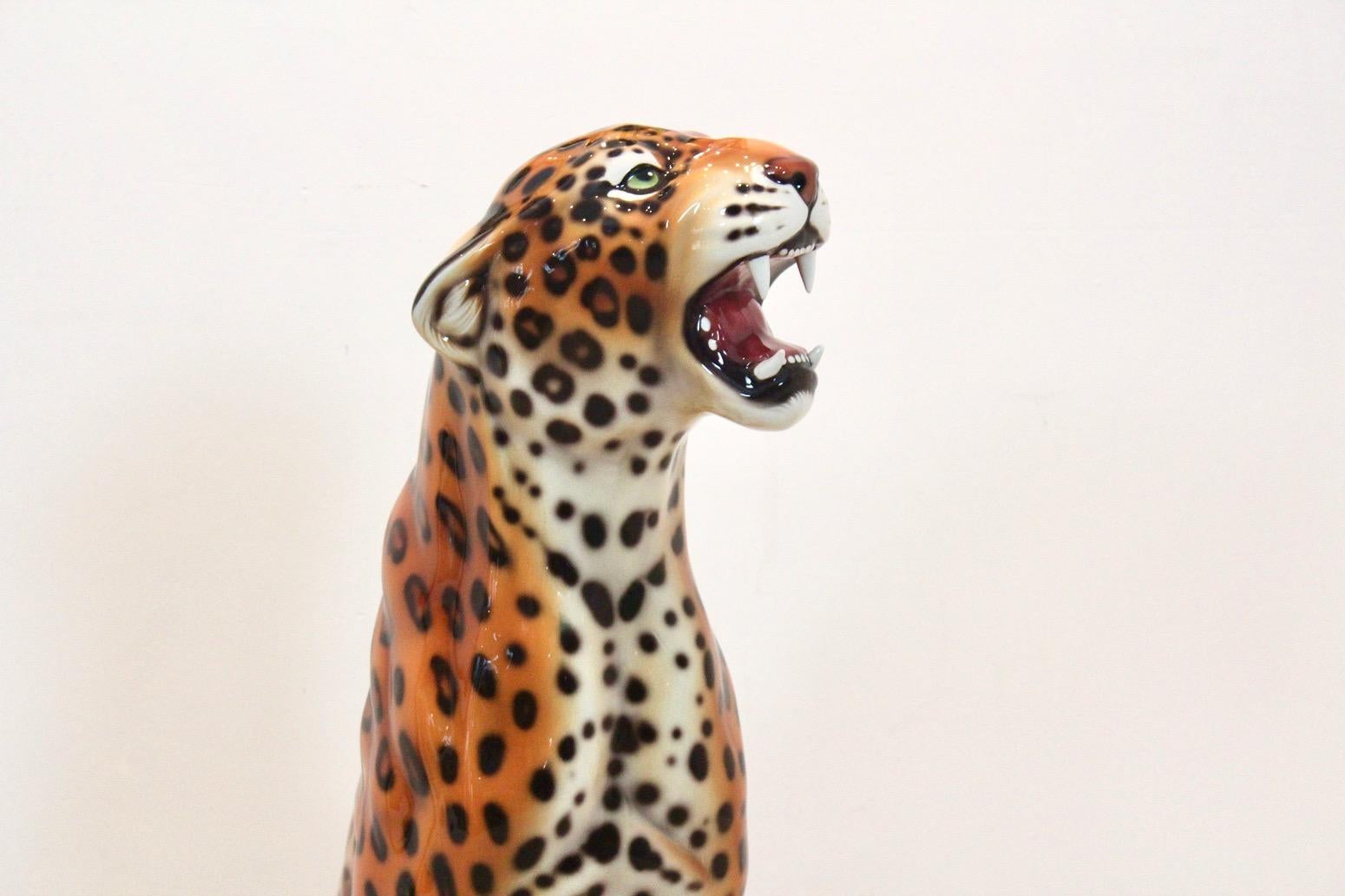Mid-Century Modern Hand Made Life Size Italian Ceramic Leopard Sculpture