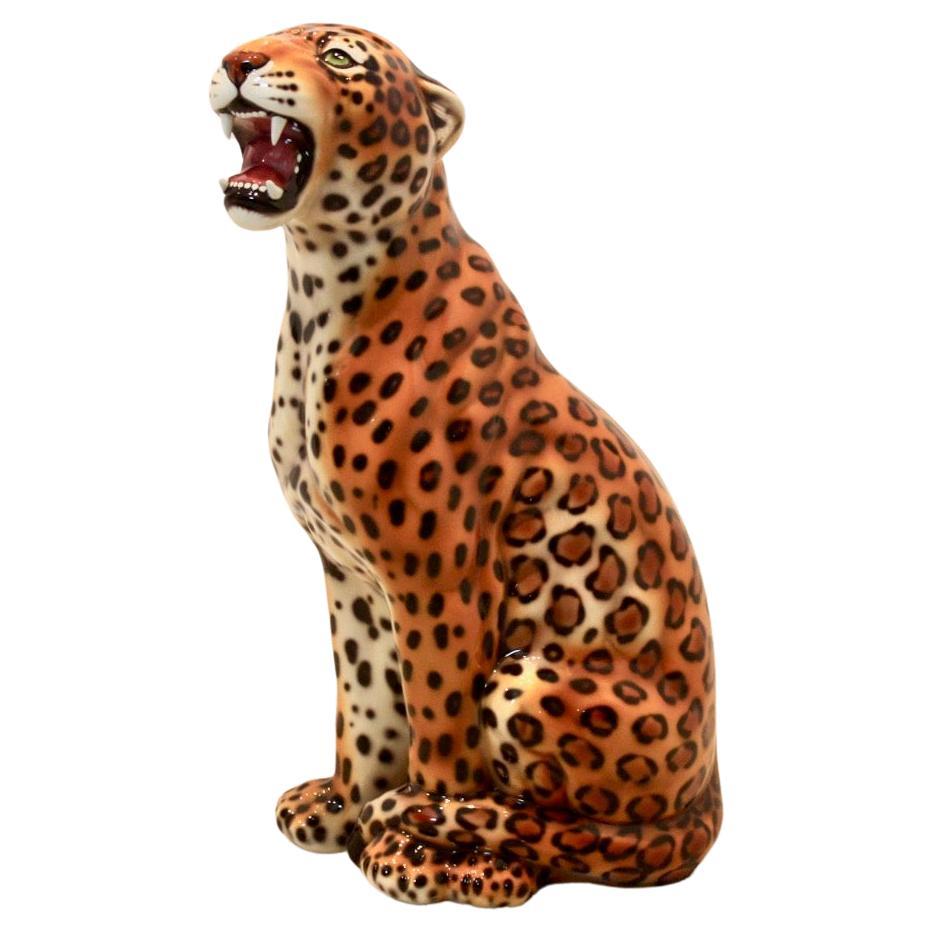 Hand Made Life Size Italian Ceramic Leopard Sculpture