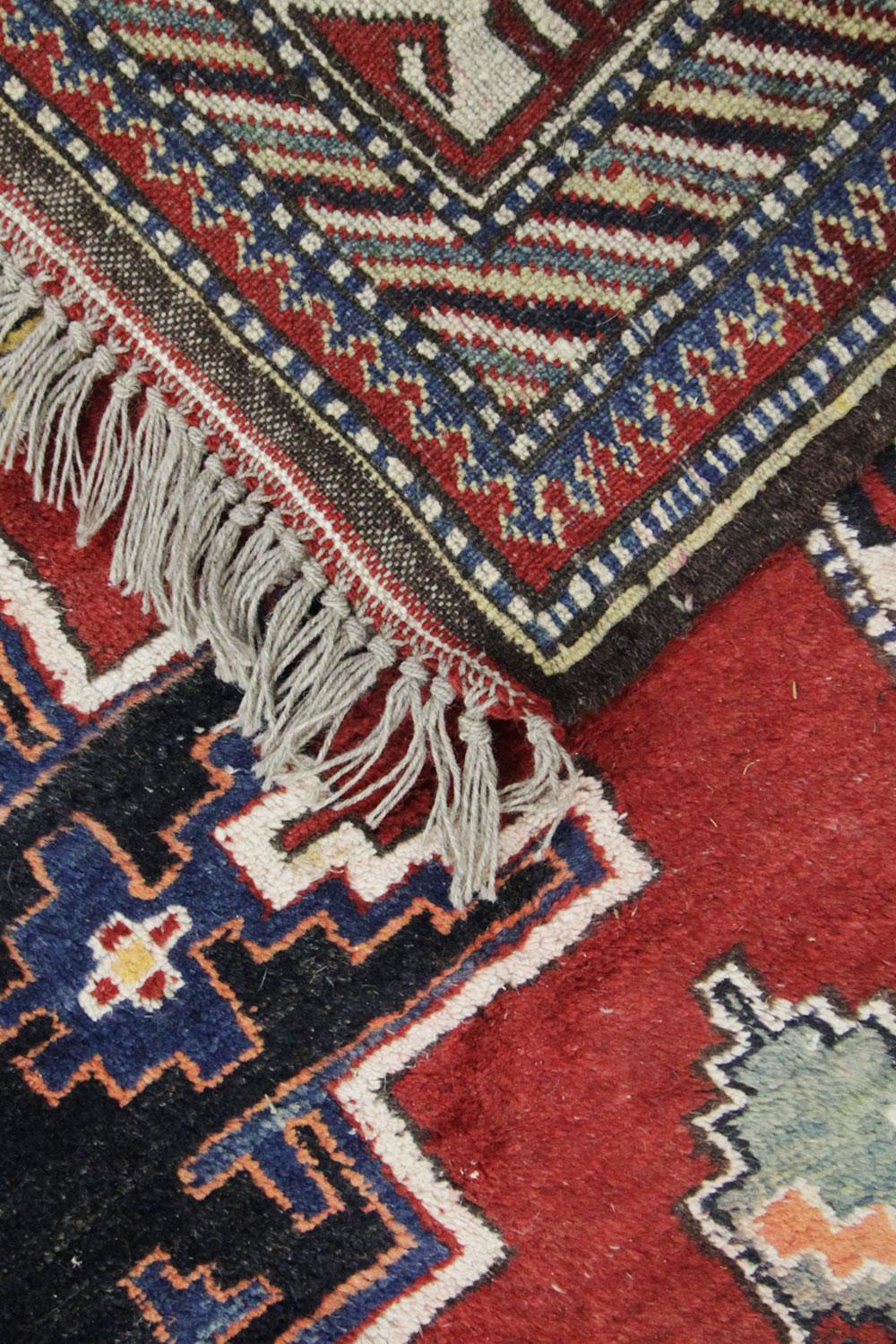 Tribal Handmade Living Room Rug, Vintage Red and Blue Wool Carpet Rug Kazak Area For Sale