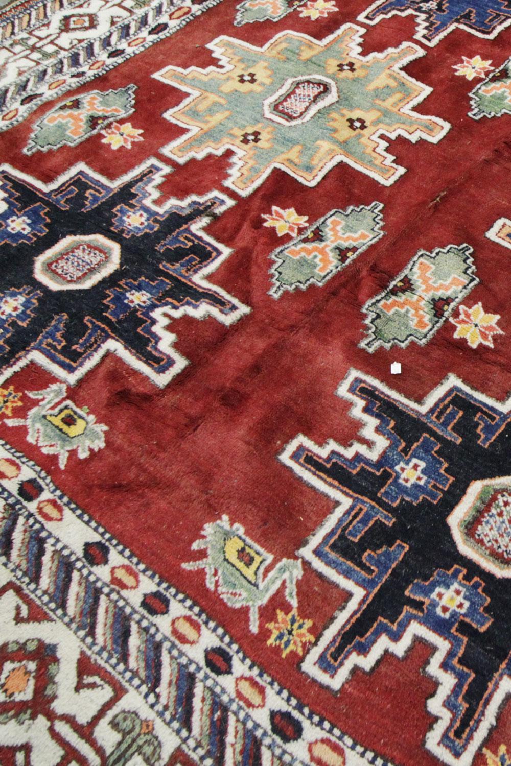 Caucasian Handmade Living Room Rug, Vintage Red and Blue Wool Carpet Rug Kazak Area For Sale