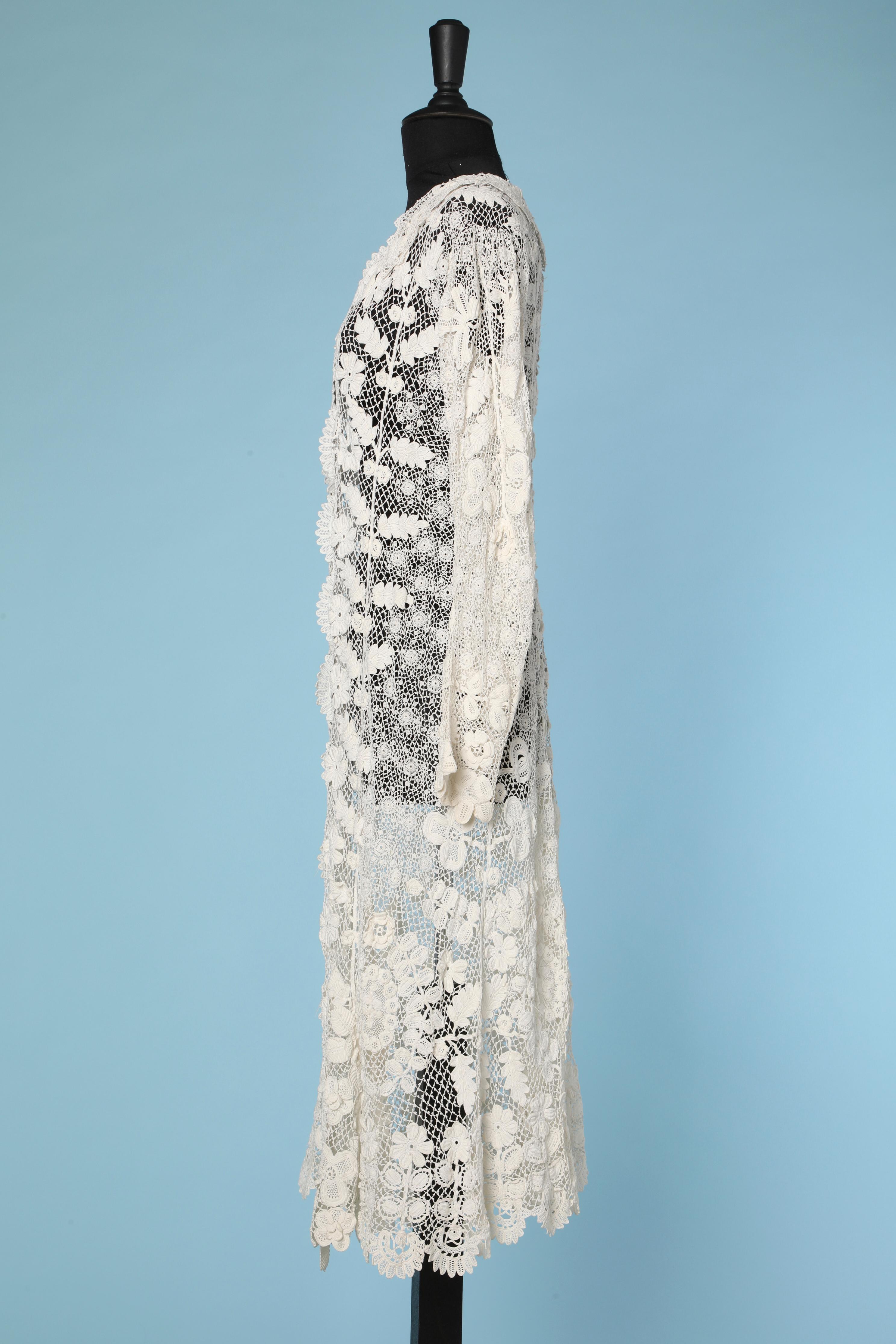 Gray Hand made long coat in Ireland's crochet 1900's For Sale