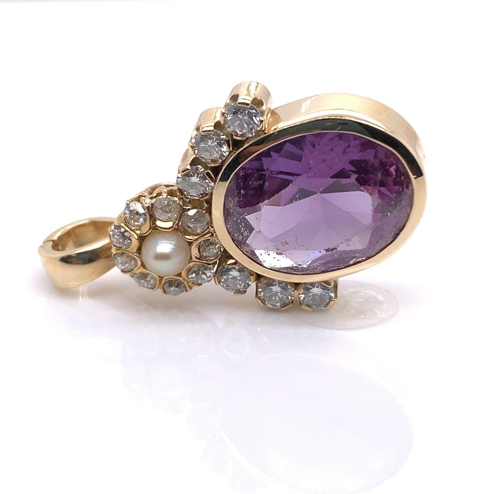 Women's Hand Made Magnificent 12ct Oval Amethyst Pendant Surrounded by 15 Diamonds For Sale