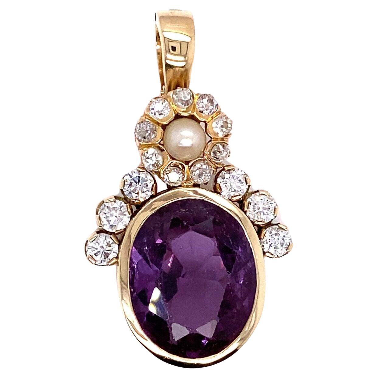 Hand Made Magnificent 12ct Oval Amethyst Pendant Surrounded by 15 Diamonds For Sale