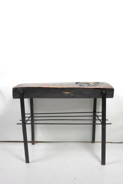 Handmade Massive Wood Side Table on Iron Base, 1970s