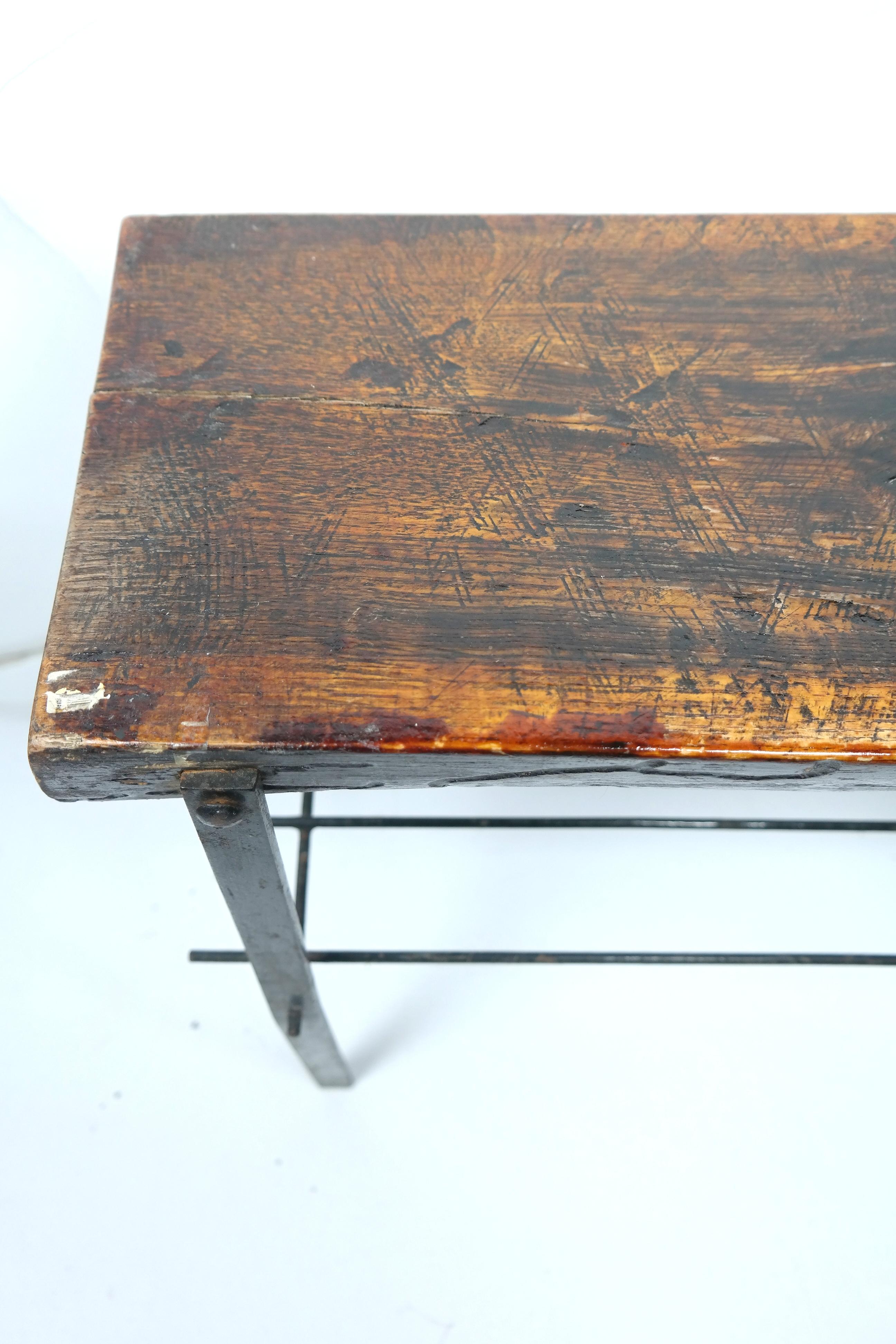 Handmade Massive Wood Side Table on Iron Base, 1970s In Good Condition For Sale In Budapest, HU