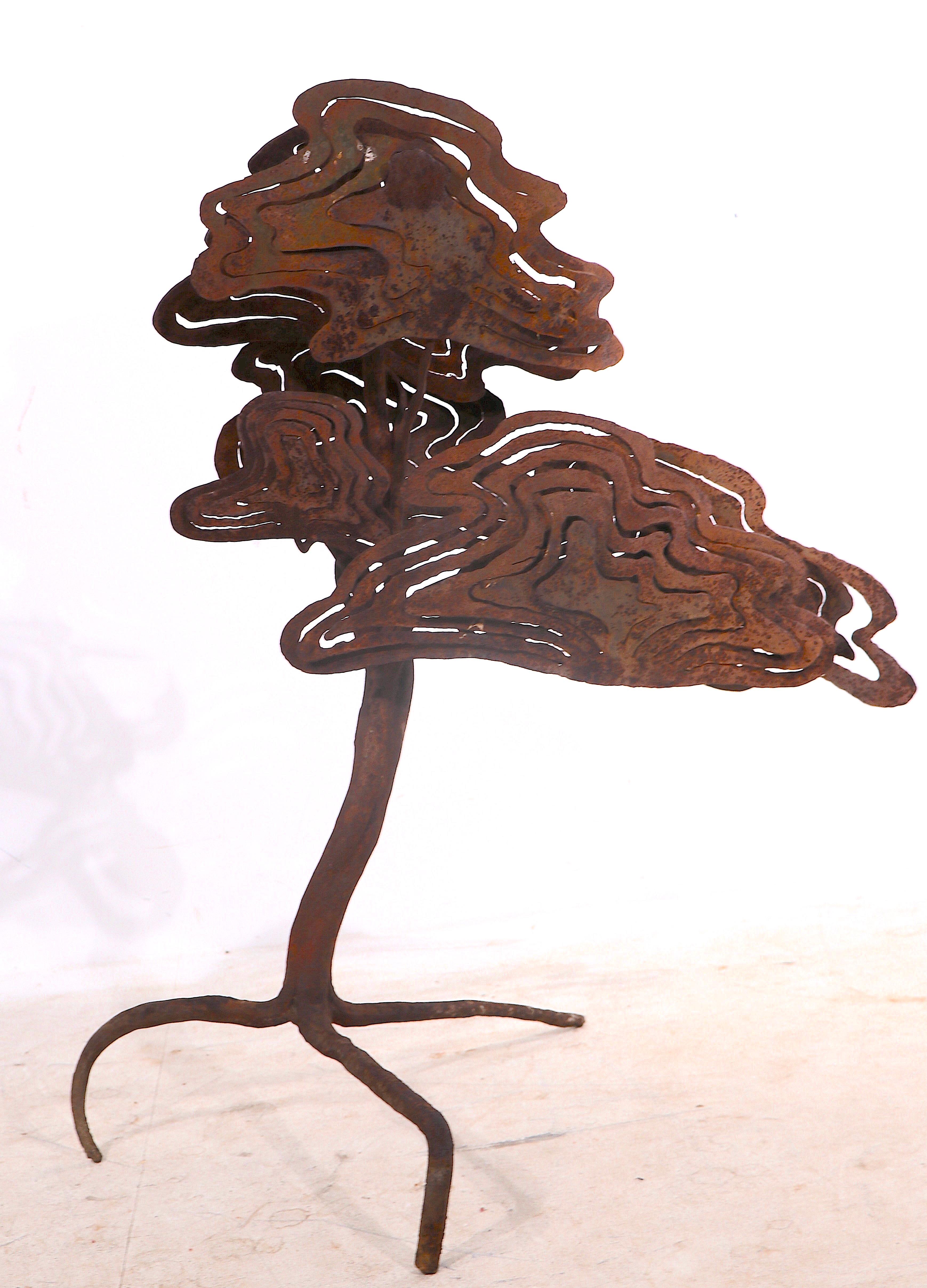 Brutalist hand made iron Bonsai tree sculpture. The sculpture has wonderful all over rust finish, gained from years of outdoor life, this piece was originally planted in a large pot, outdoors, before we acquired it from the estate. Stunning and