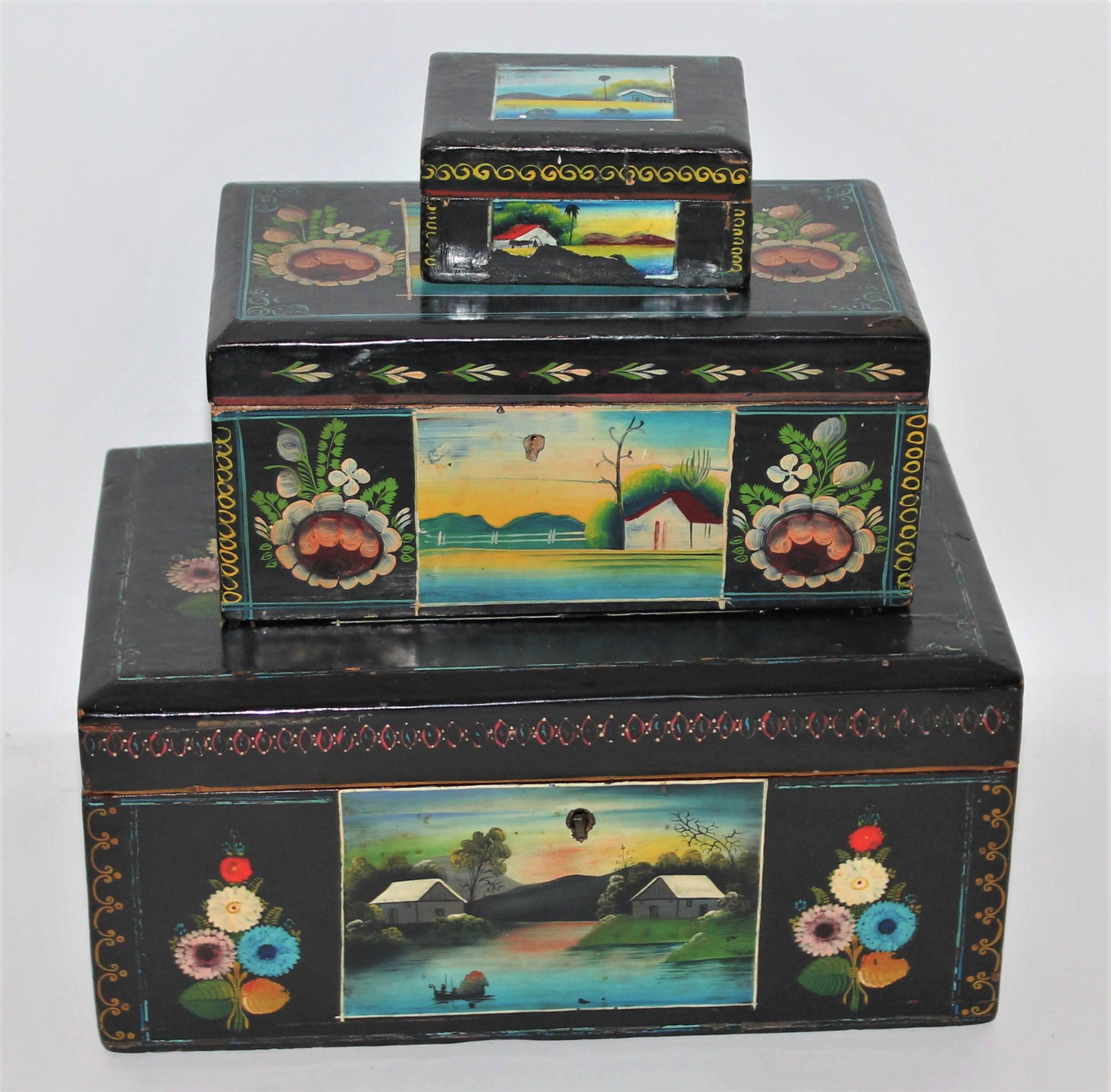 Set of three handmade Mexican Boxes. Original paint and great patina.

Measures: Larger box - 10.75 x 8 x 5 
Medium box - 8 x 4.5 x 3.5 
Small box - 3.75 x 2.75 x 1.75.