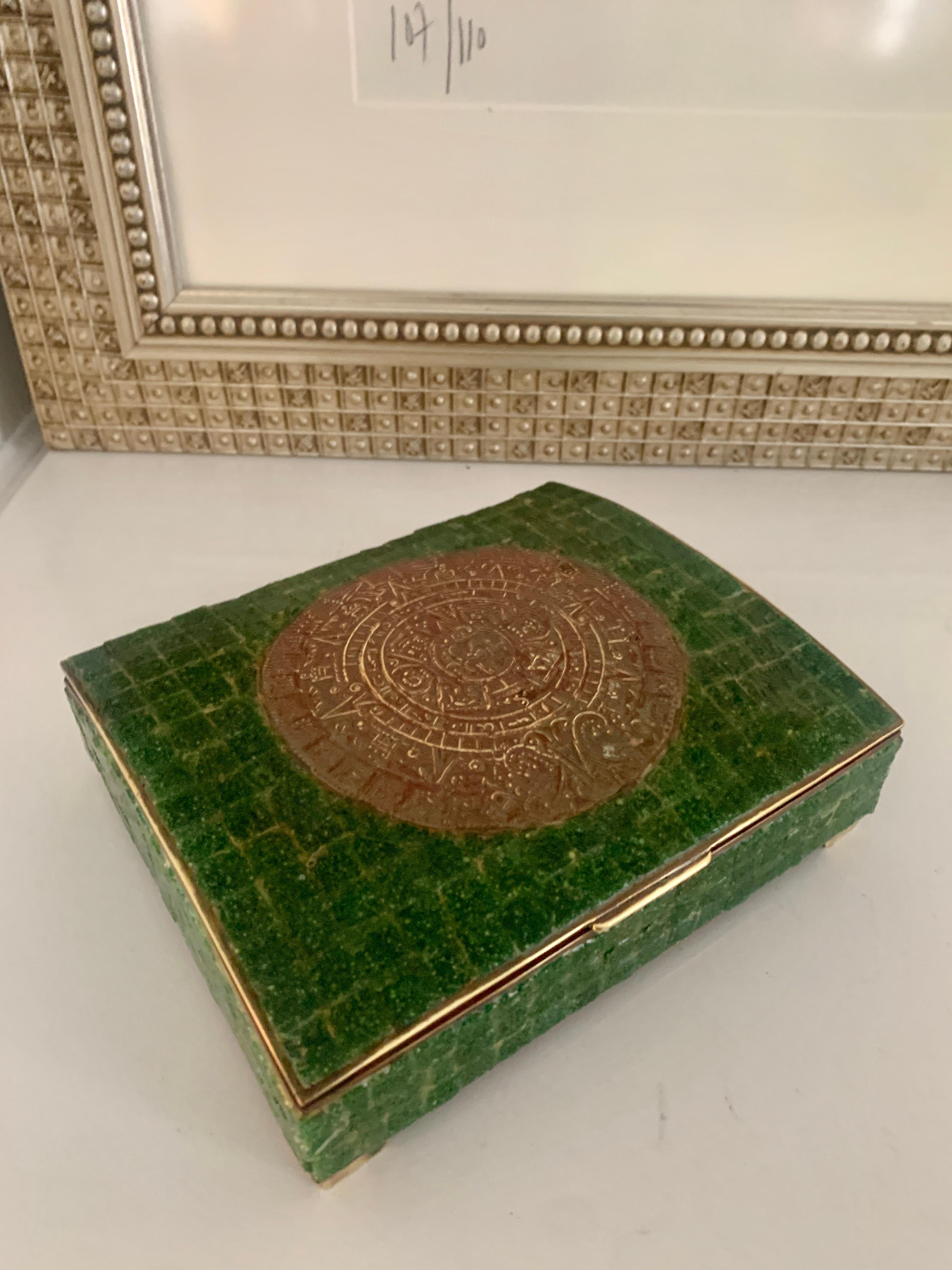 Hand Made Mexican Brass and Stone Trinket Stash Box of Aztec Calendar Medallion 2