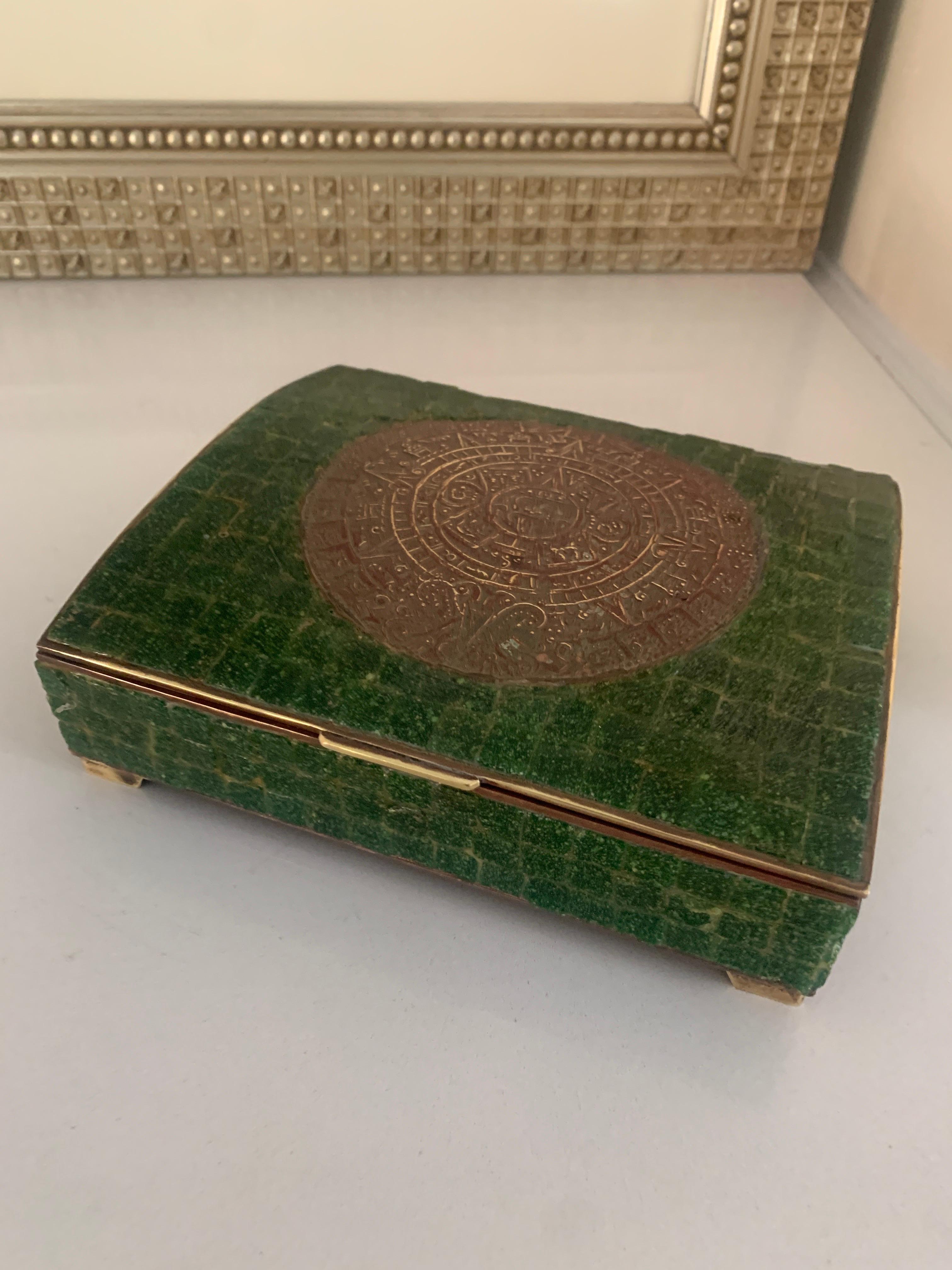 Hand Made Mexican Brass and Stone Trinket Stash Box of Aztec Calendar Medallion 4