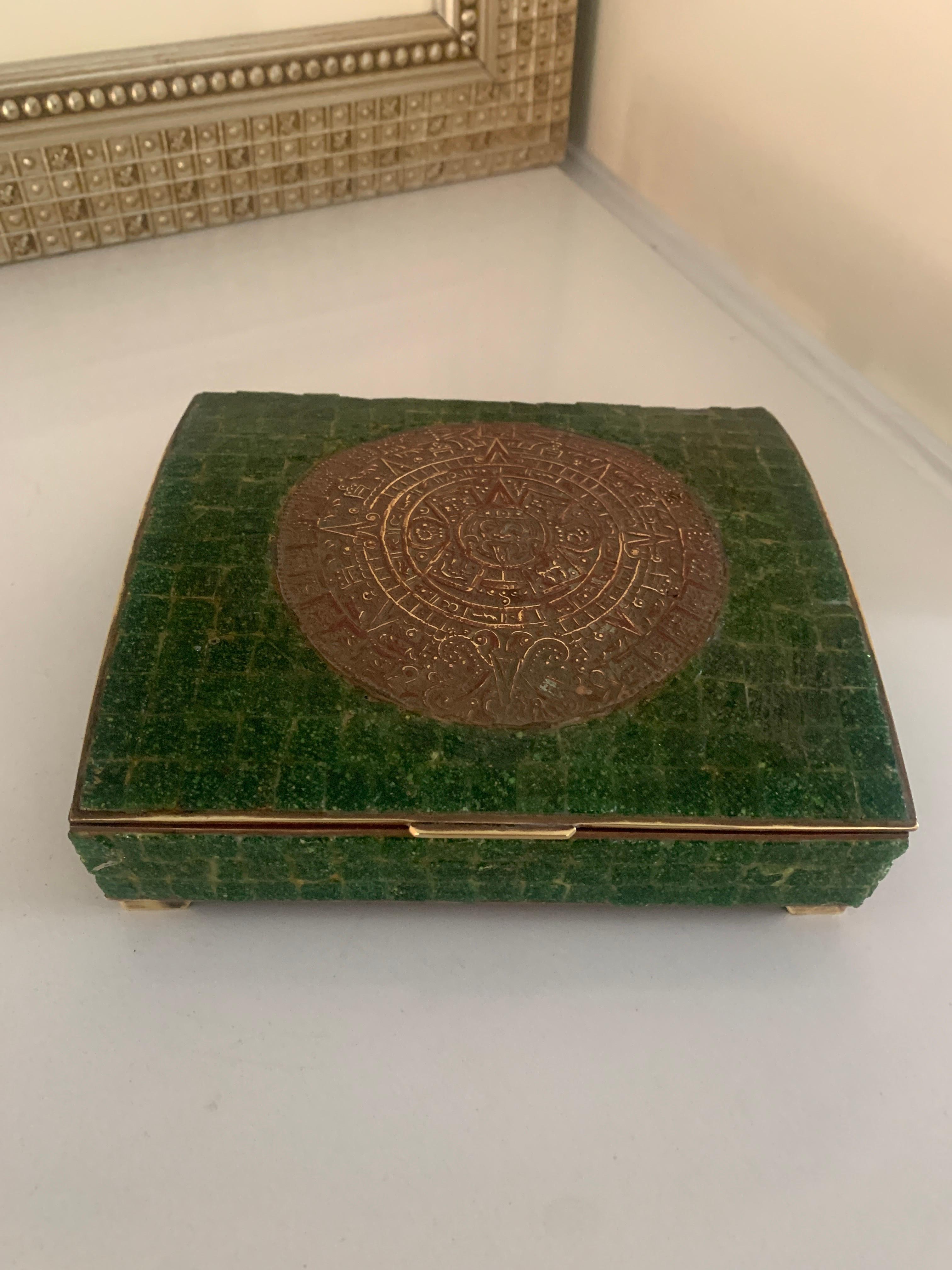 Hand Made Mexican Brass and Stone Trinket Stash Box of Aztec Calendar Medallion 5