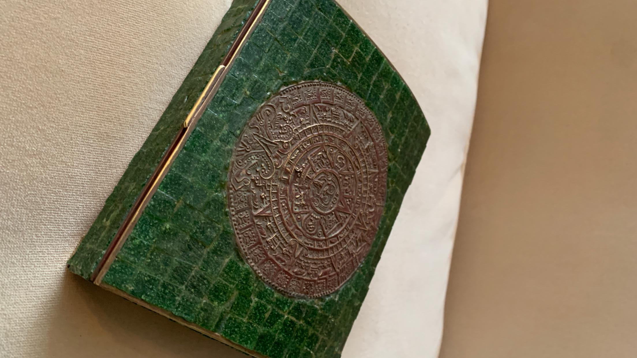 Mid-Century Modern Hand Made Mexican Brass and Stone Trinket Stash Box of Aztec Calendar Medallion