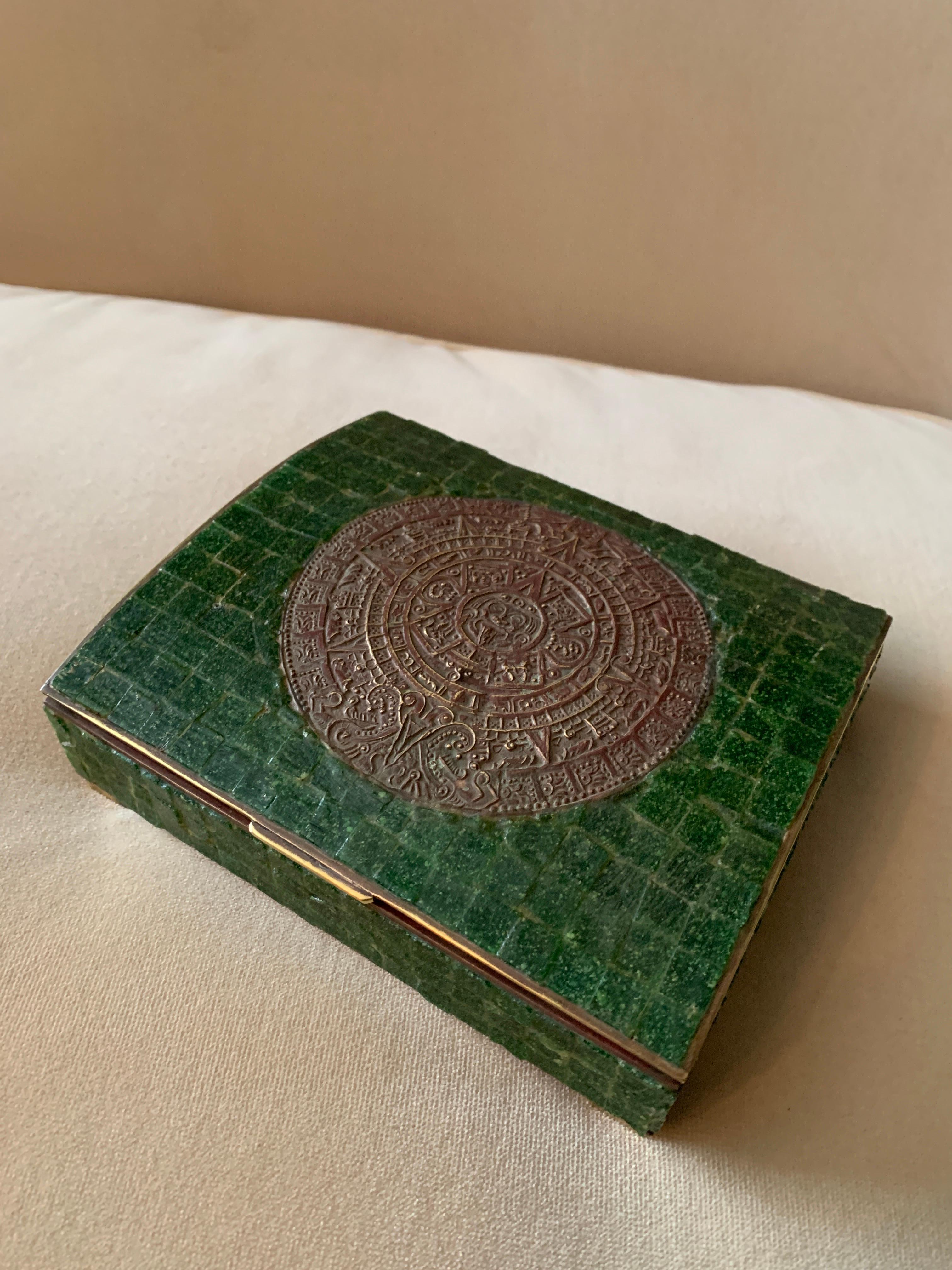 Hand Made Mexican Brass and Stone Trinket Stash Box of Aztec Calendar Medallion In Good Condition In Los Angeles, CA