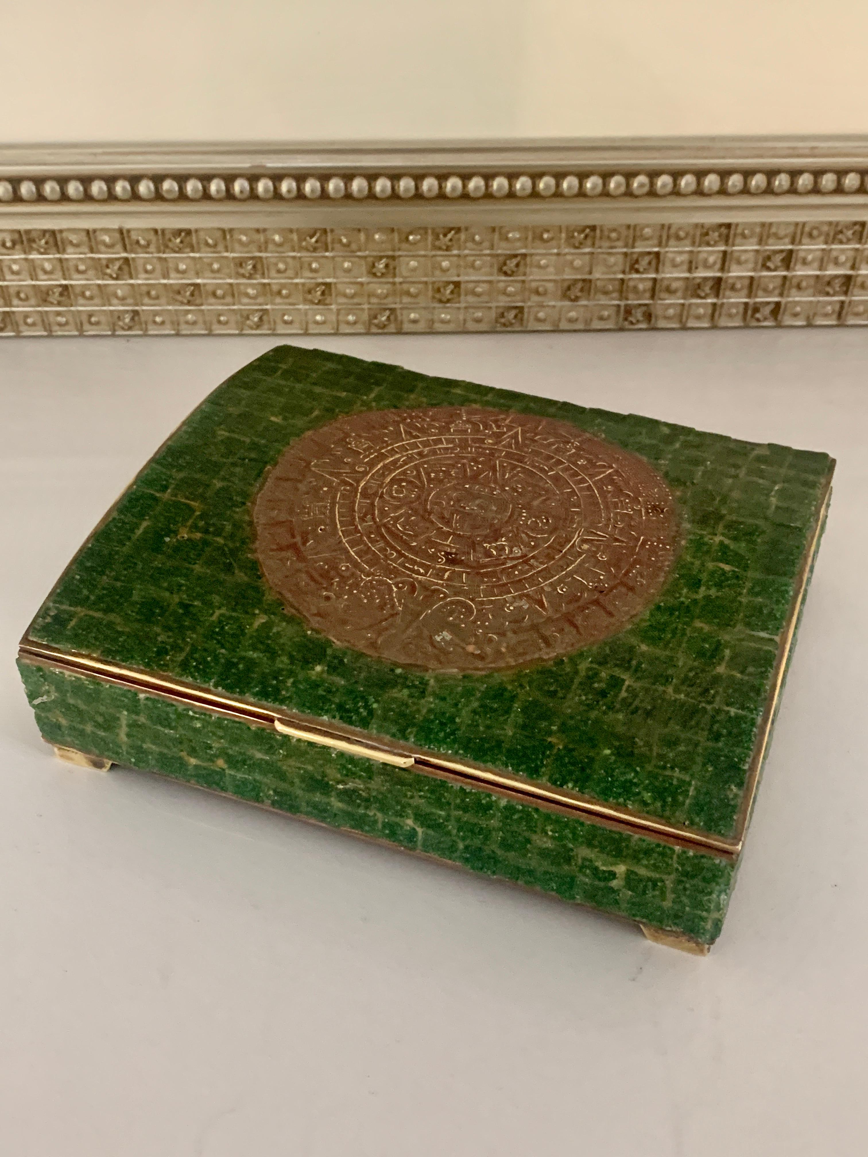 20th Century Hand Made Mexican Brass and Stone Trinket Stash Box of Aztec Calendar Medallion