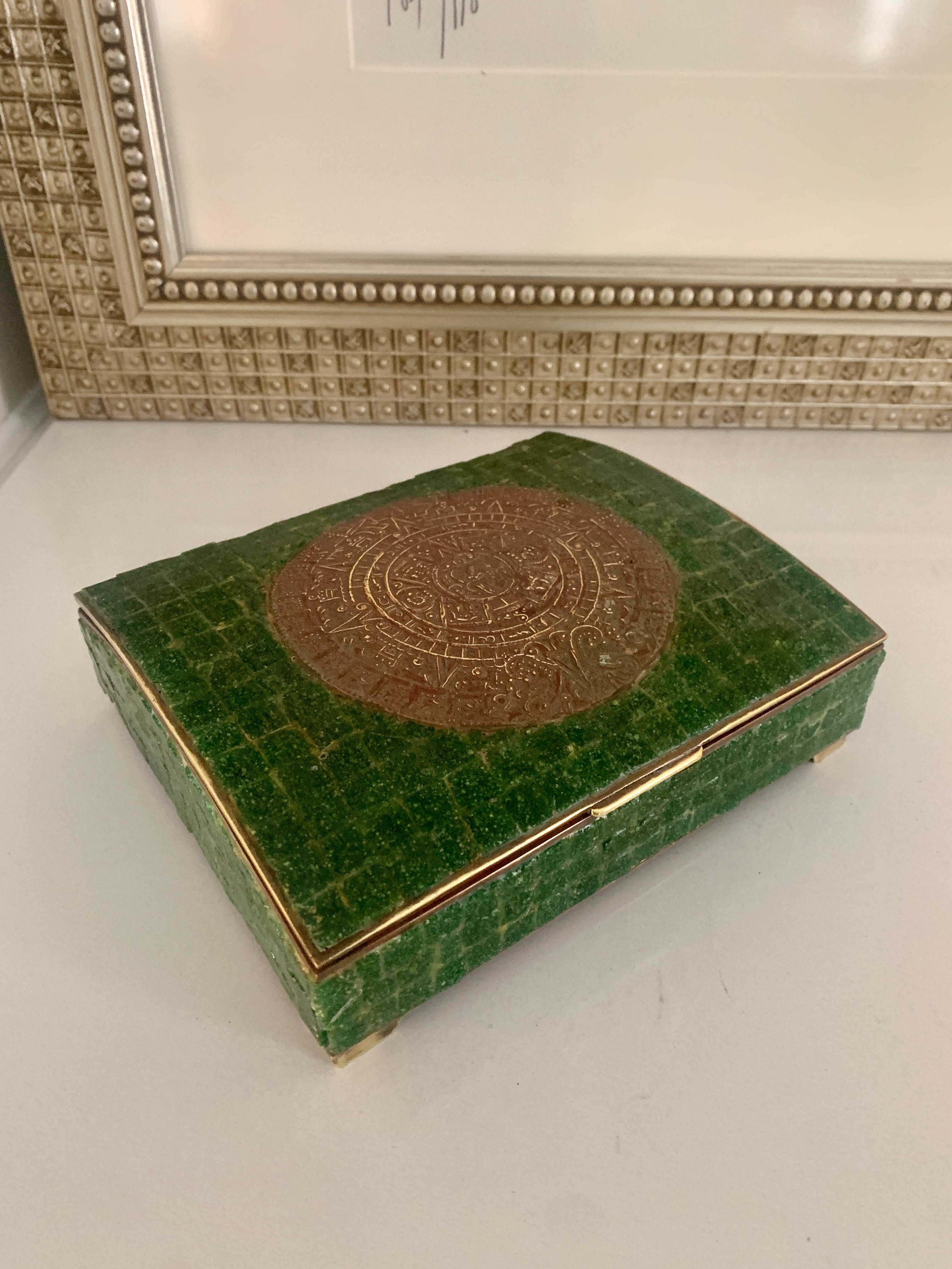 Hand Made Mexican Brass and Stone Trinket Stash Box of Aztec Calendar Medallion 1