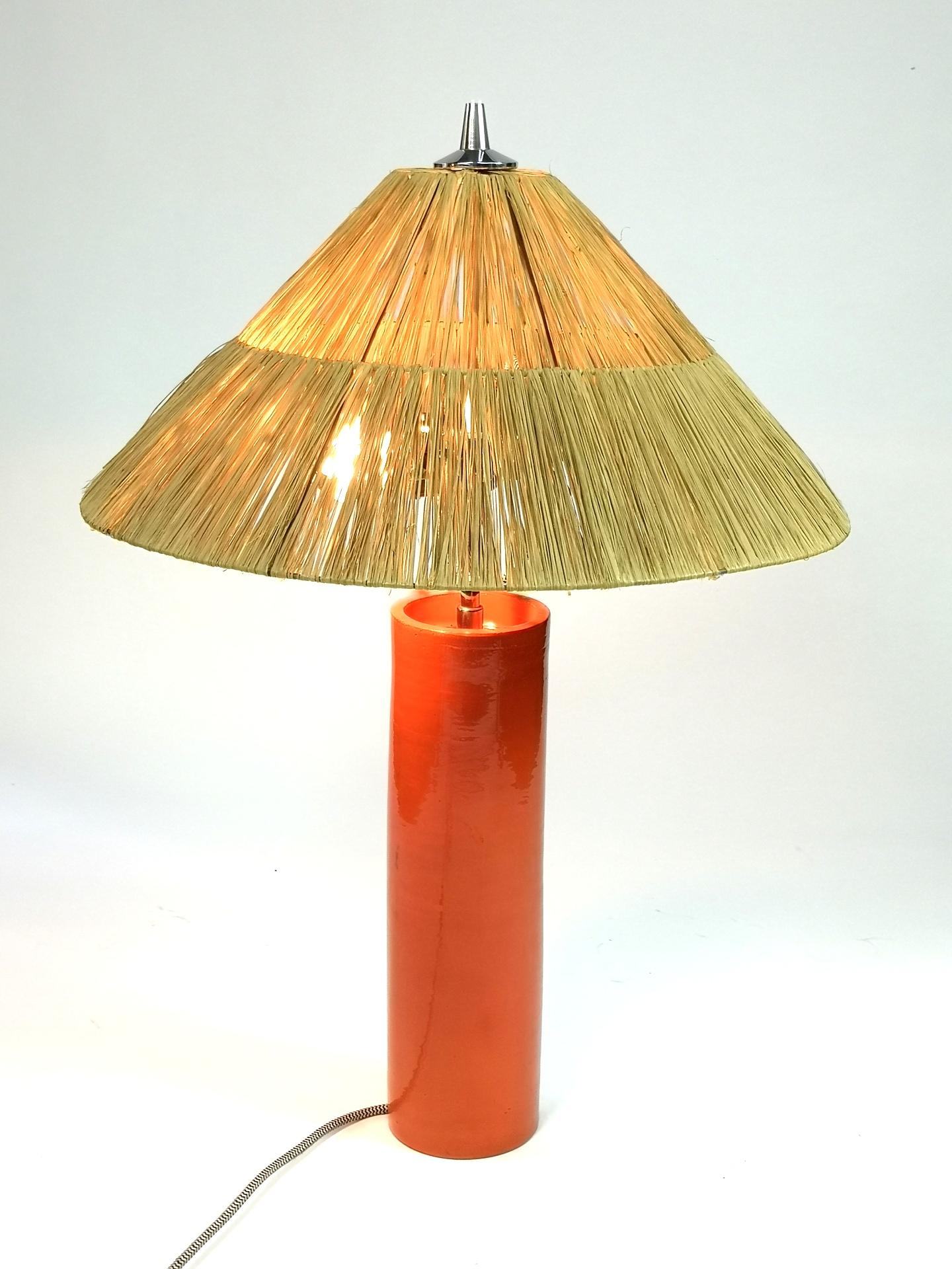 Mid-Century Modern Hand Made Mid Century Ceramic Table Lamp, with Cane Lampshade, 1970's For Sale