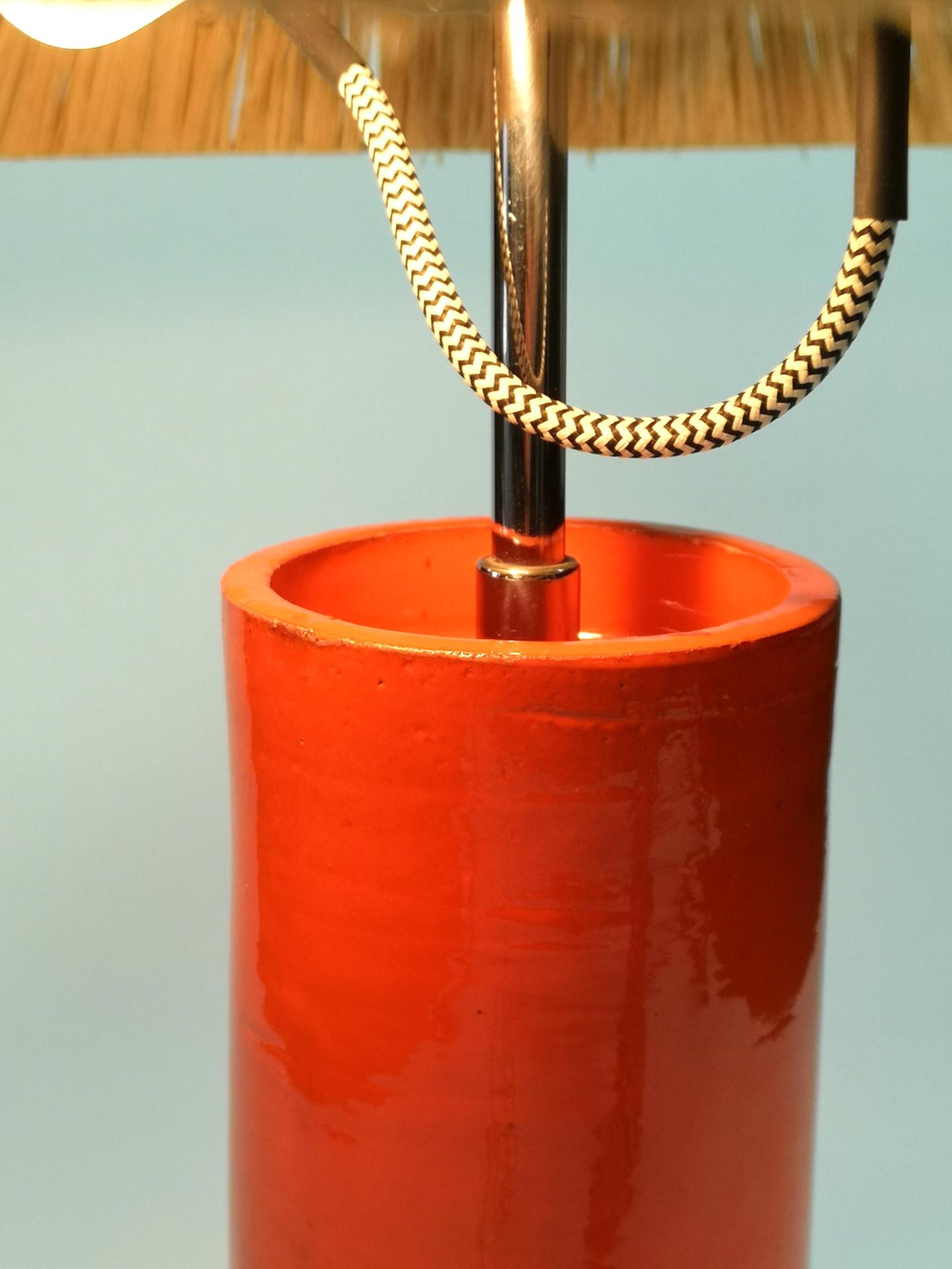 Chrome Hand Made Mid Century Ceramic Table Lamp, with Cane Lampshade, 1970's For Sale