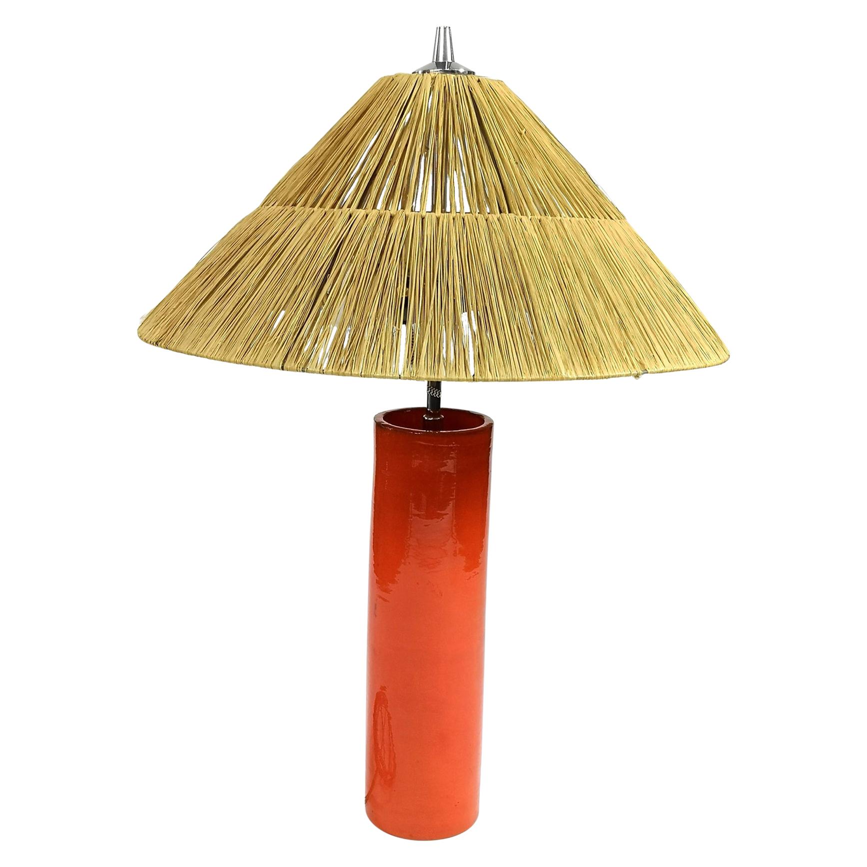 Hand Made Mid Century Ceramic Table Lamp, with Cane Lampshade, 1970's For Sale