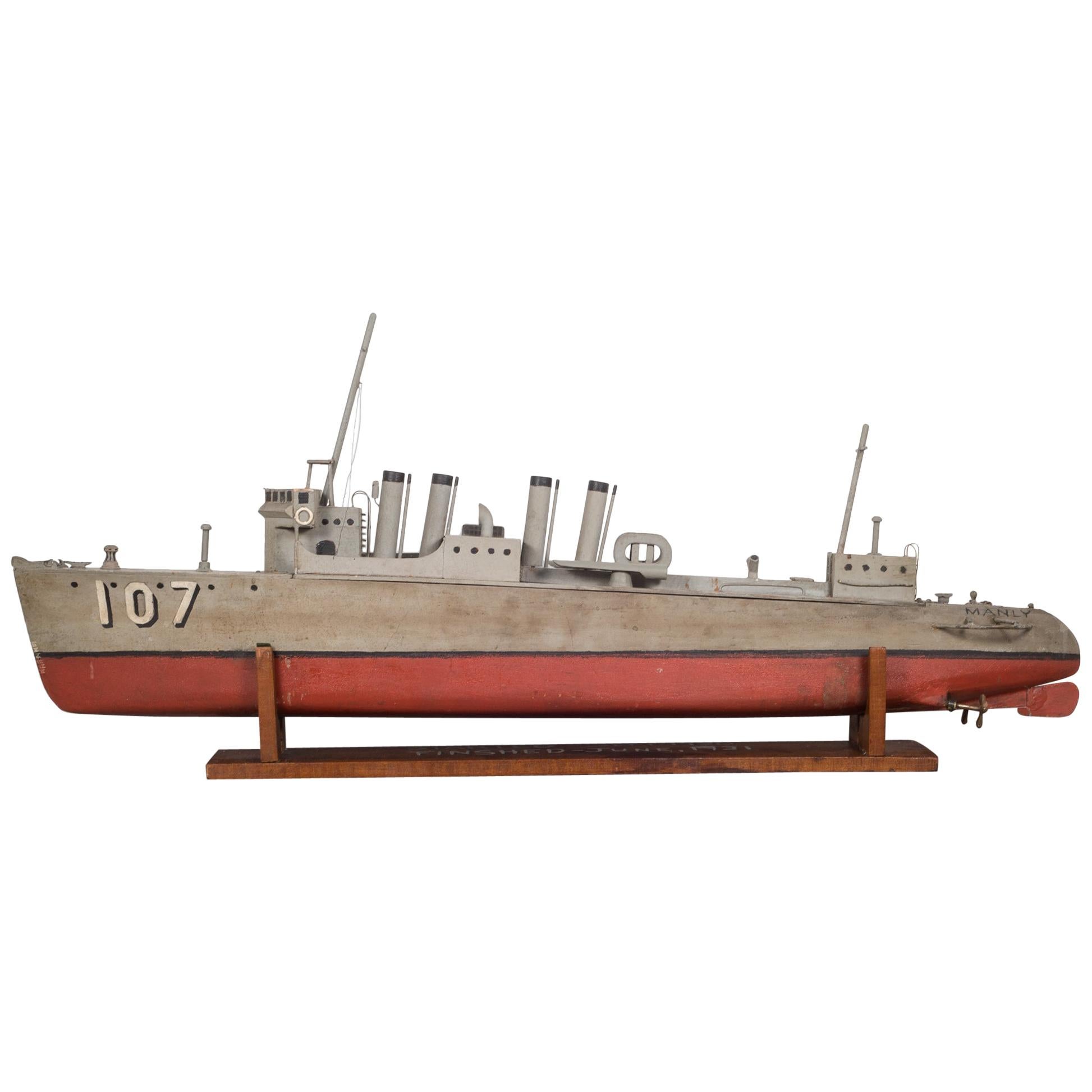 Handmade Motorized Wooden Ship Model, circa 1930