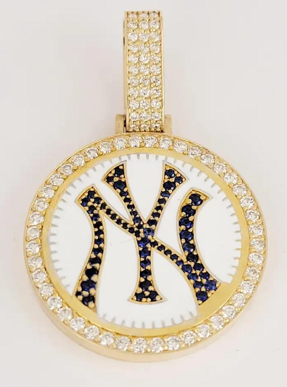 Men's Hand-Made NY Pendant in 14K Yellow Gold with Sapphire & Diamonds For Sale