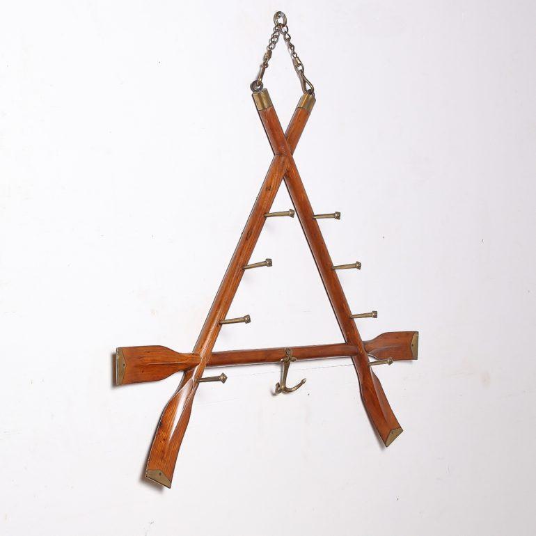 20th Century Handmade Oak and Brass Nautical Hanging Rack 