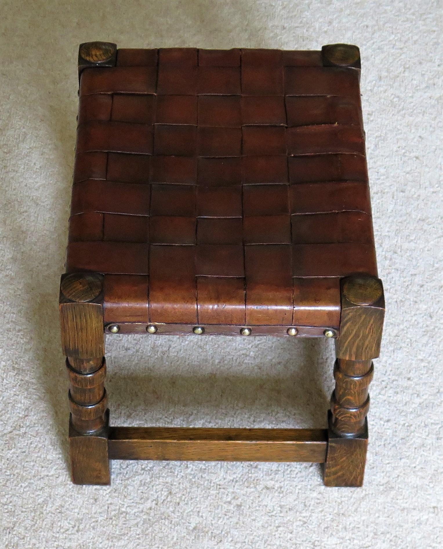 Fabric Handmade Oak Stool with Leather Strap Top, Arts & Crafts Late 19th Century For Sale