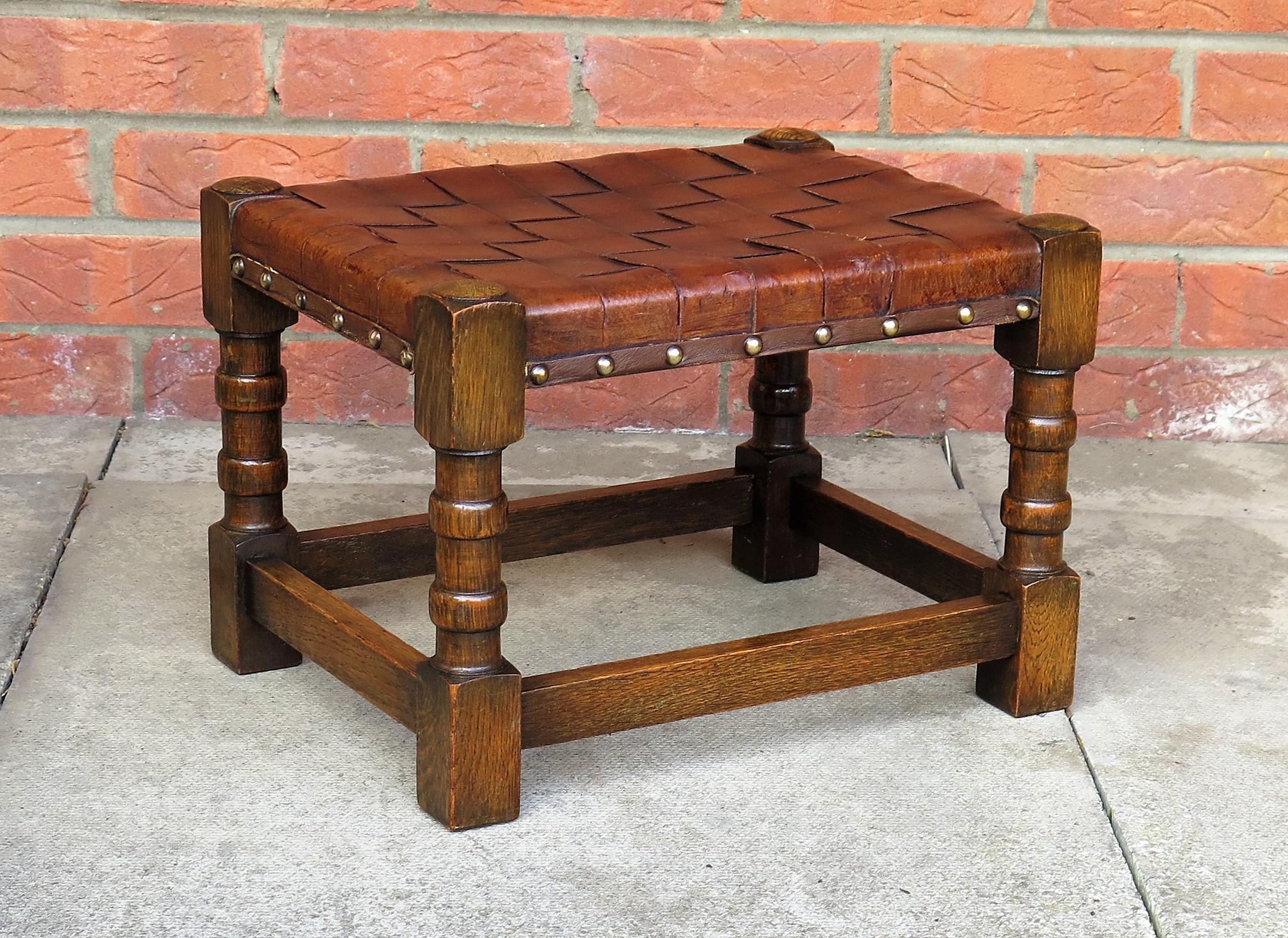 Arts and Crafts Handmade Oak Stool with Leather Strap Top, Arts & Crafts Late 19th Century For Sale