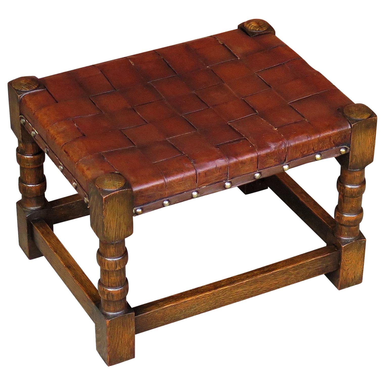 Handmade Oak Stool with Leather Strap Top, Arts & Crafts Late 19th Century For Sale