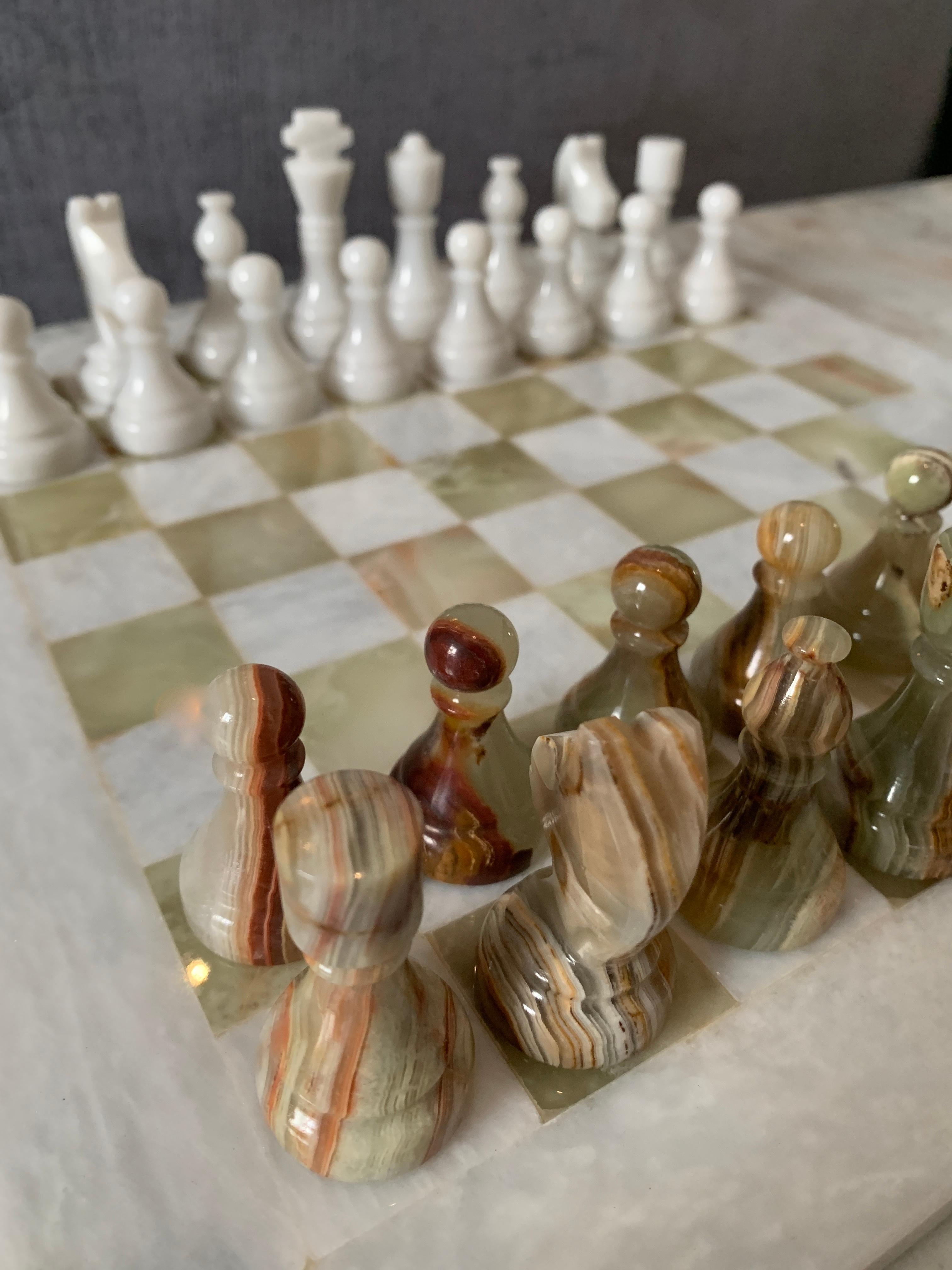 Mid-Century Modern Handmade Onyx and Marble Chess Board and Pieces