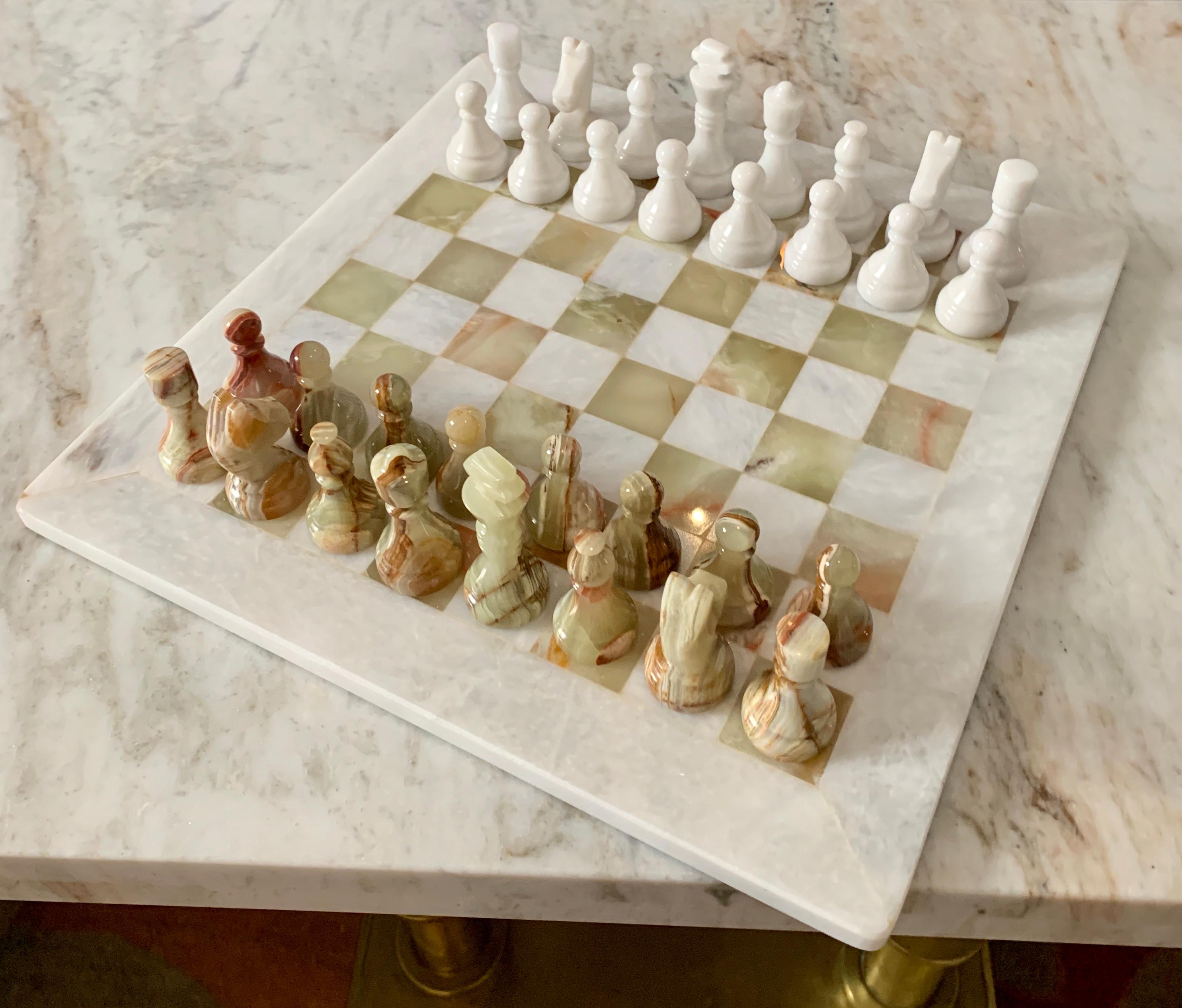 20th Century Handmade Onyx and Marble Chess Board and Pieces