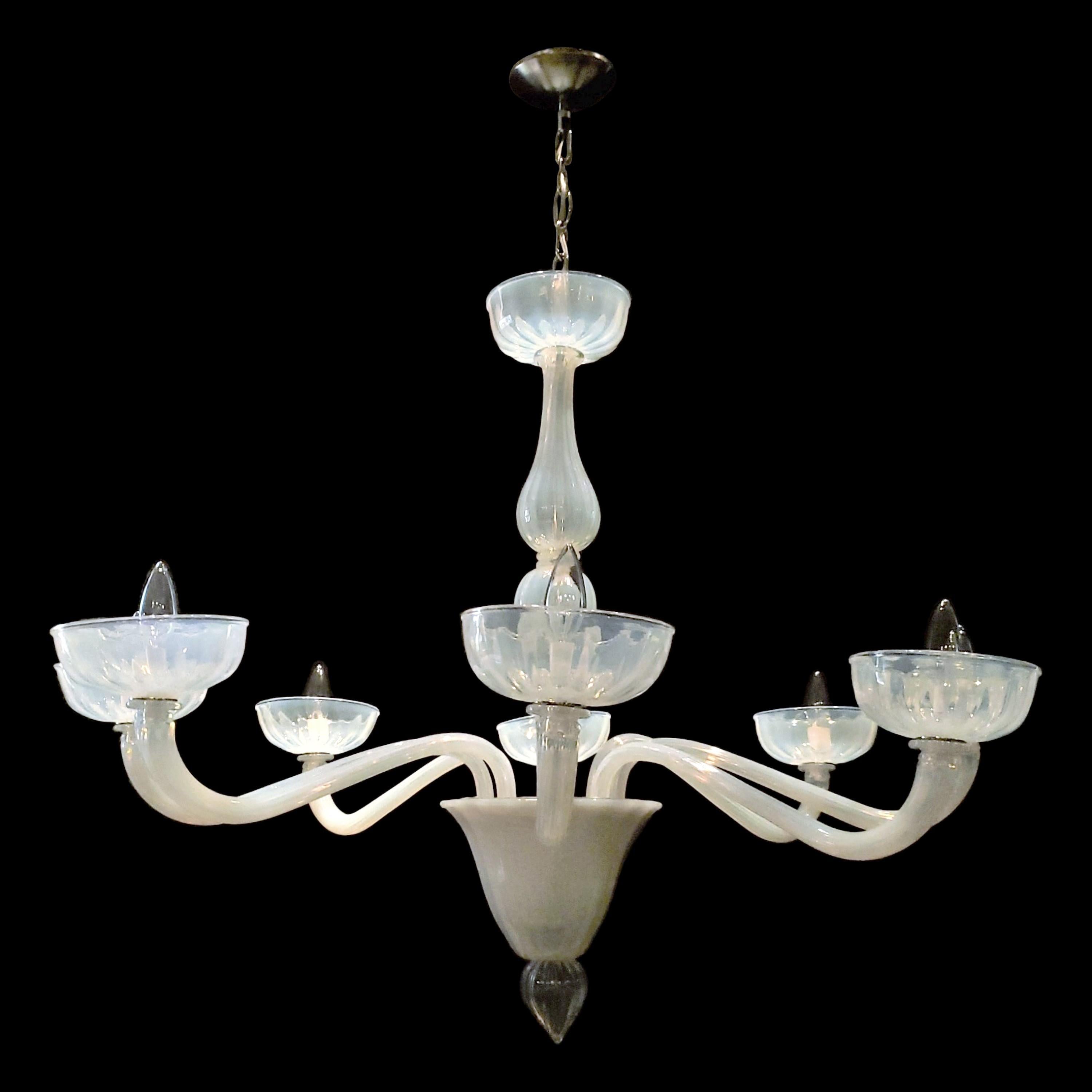 Large scale opaline Murano glass eight arm chandelier. This comes rewired and ready to install. Ships disassembled. Cleaned and restored. Please note, this item is located in our Scranton, PA location.