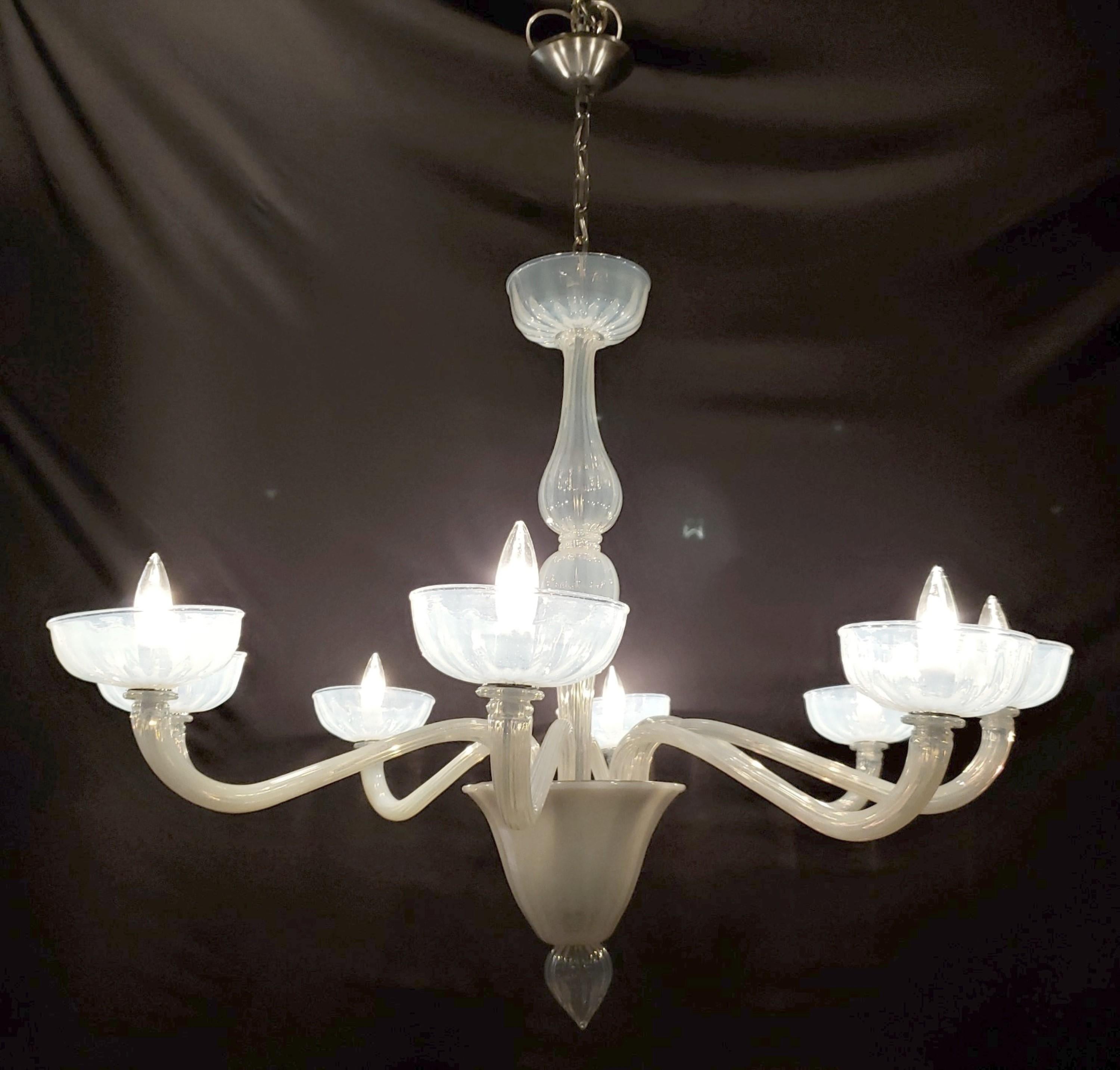 20th Century Hand Made Opaline Murano Glass 8 Arm Chandelier For Sale
