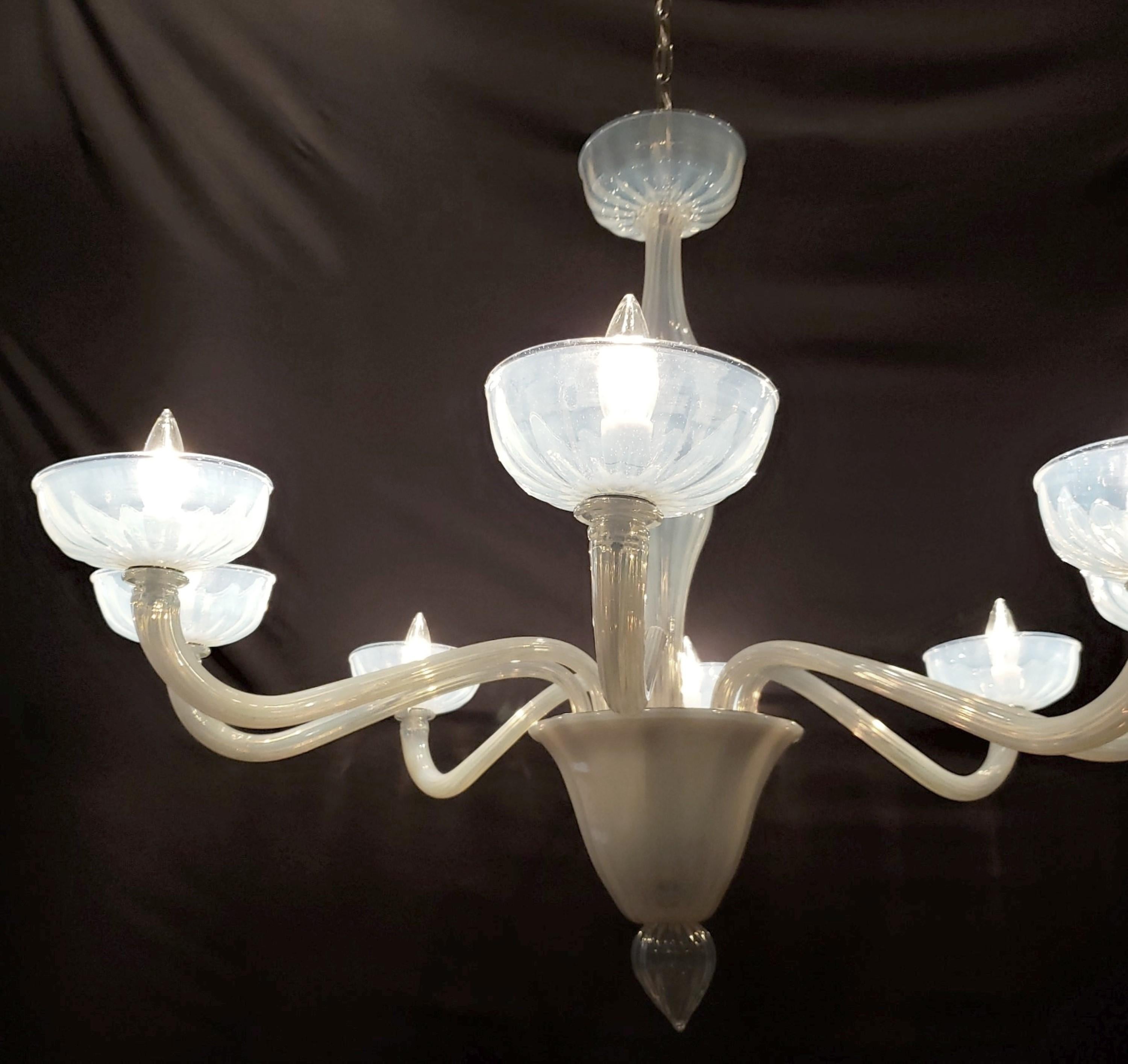 Metal Hand Made Opaline Murano Glass 8 Arm Chandelier For Sale