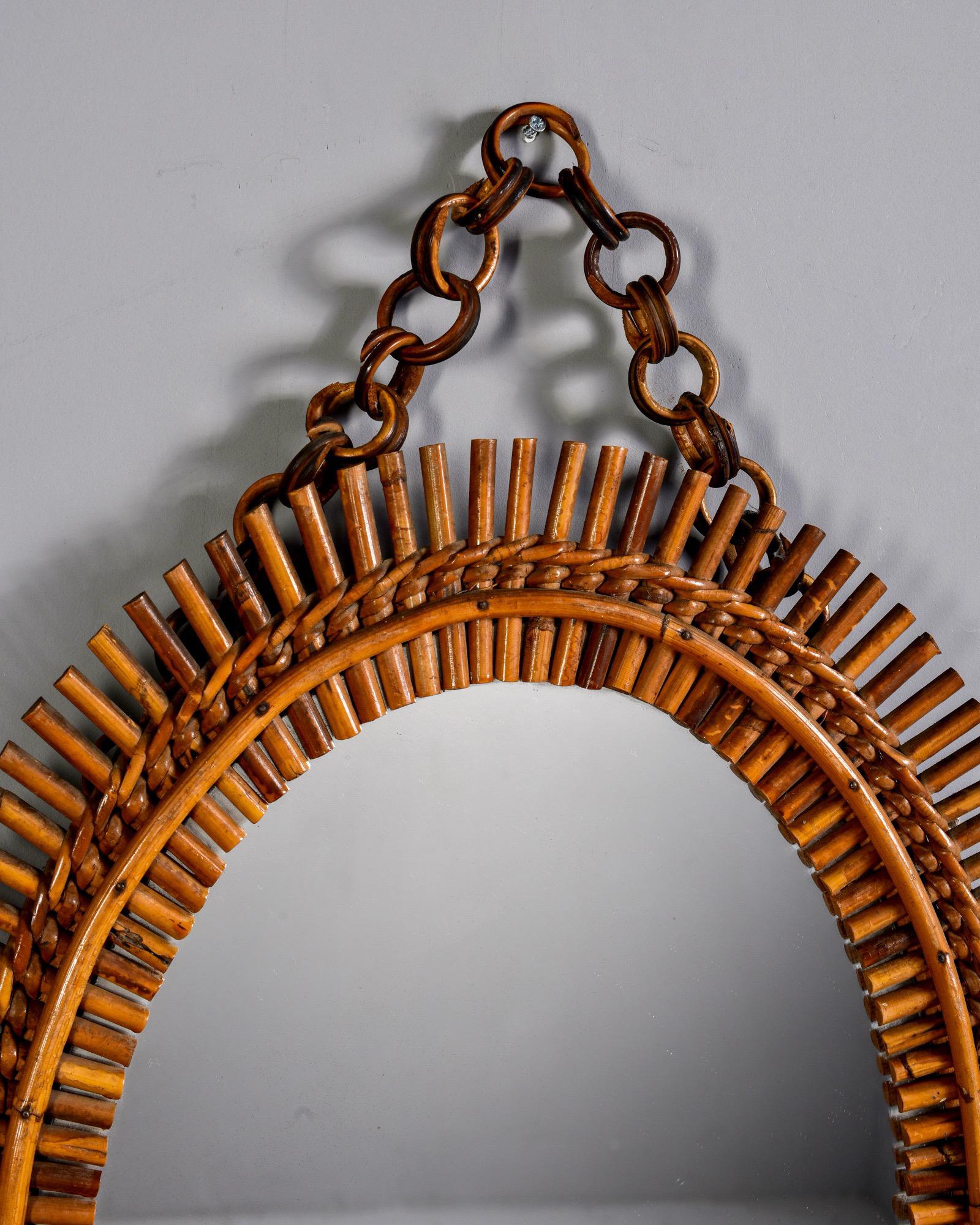 French Hand Made Oval Rattan Mid Century Mirror