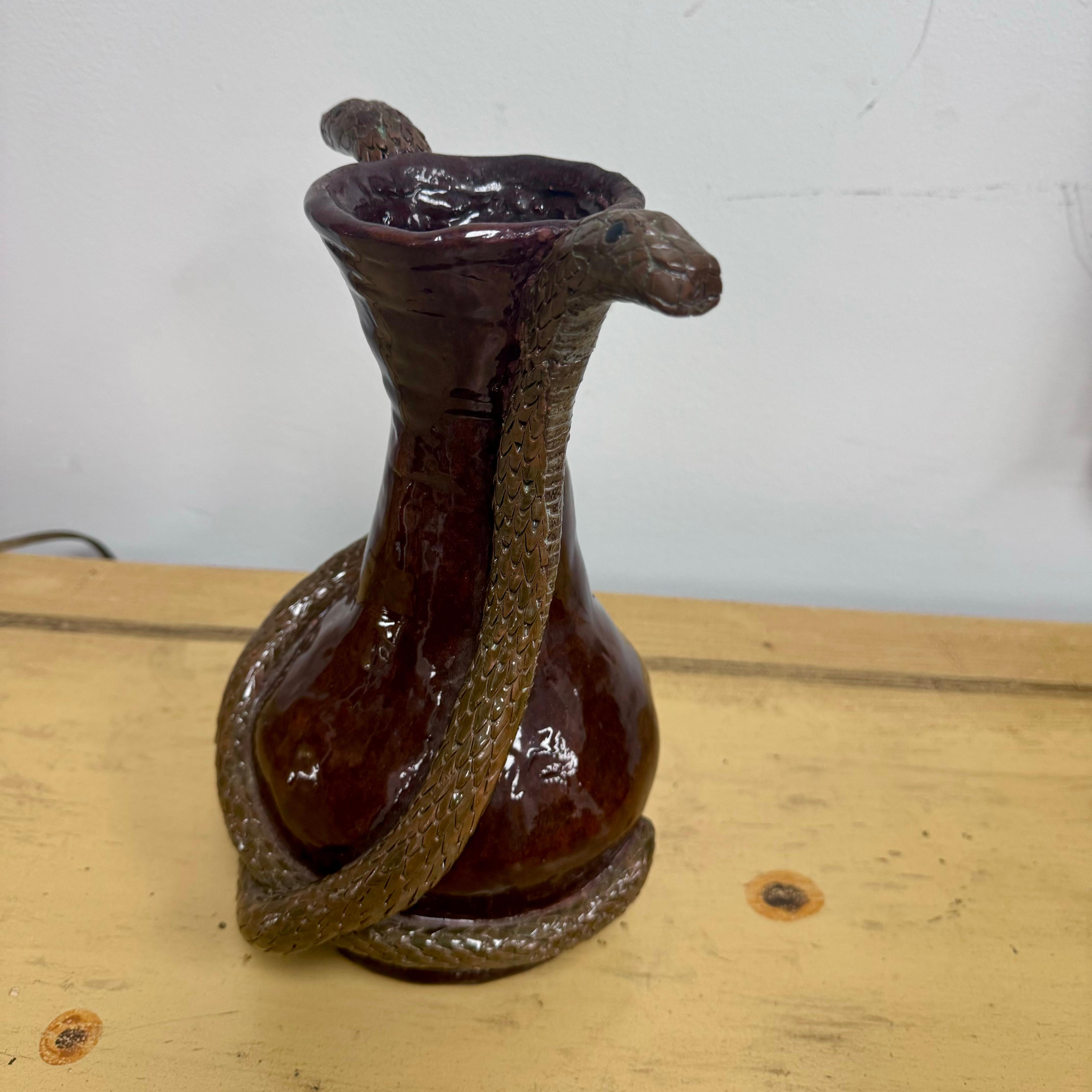 Bohemian Hand Made Pottery Glazed Coiled Snake Vase