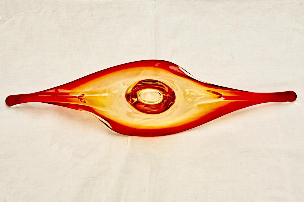 Hand Made Red Orange Yellow Clear Art Glass Bowl, circa 1960s For Sale 2
