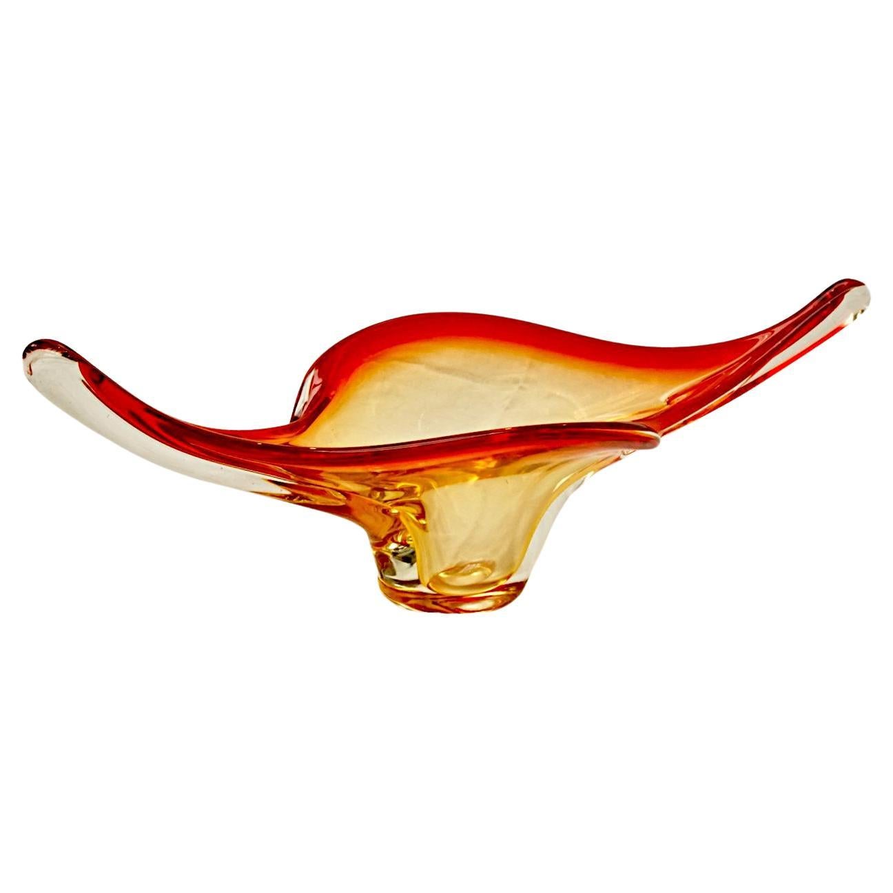 Hand Made Red Orange Yellow Clear Art Glass Bowl, circa 1960s For Sale