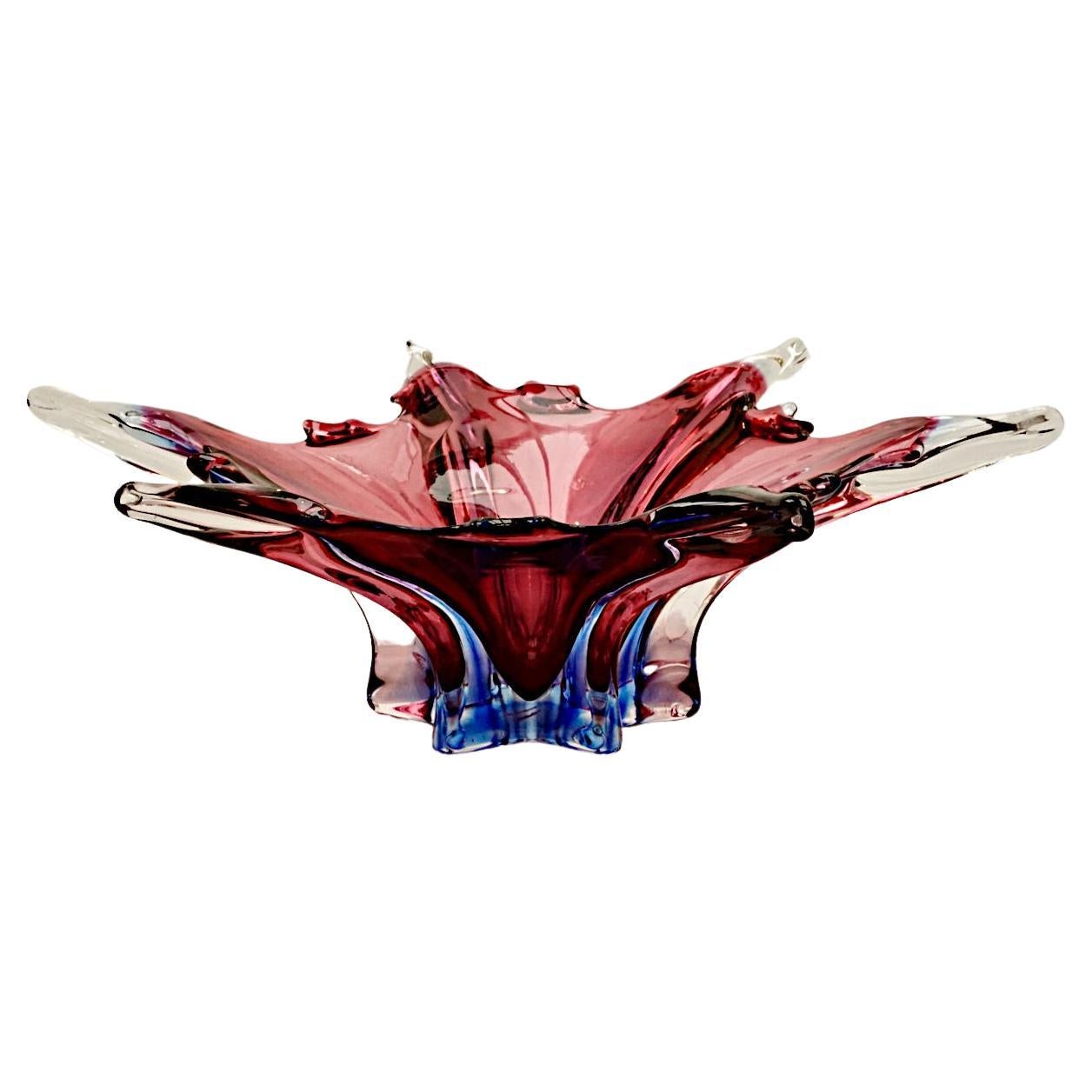 Hand Made Red Pink and Blue Art Glass Bowl circa 1950s For Sale
