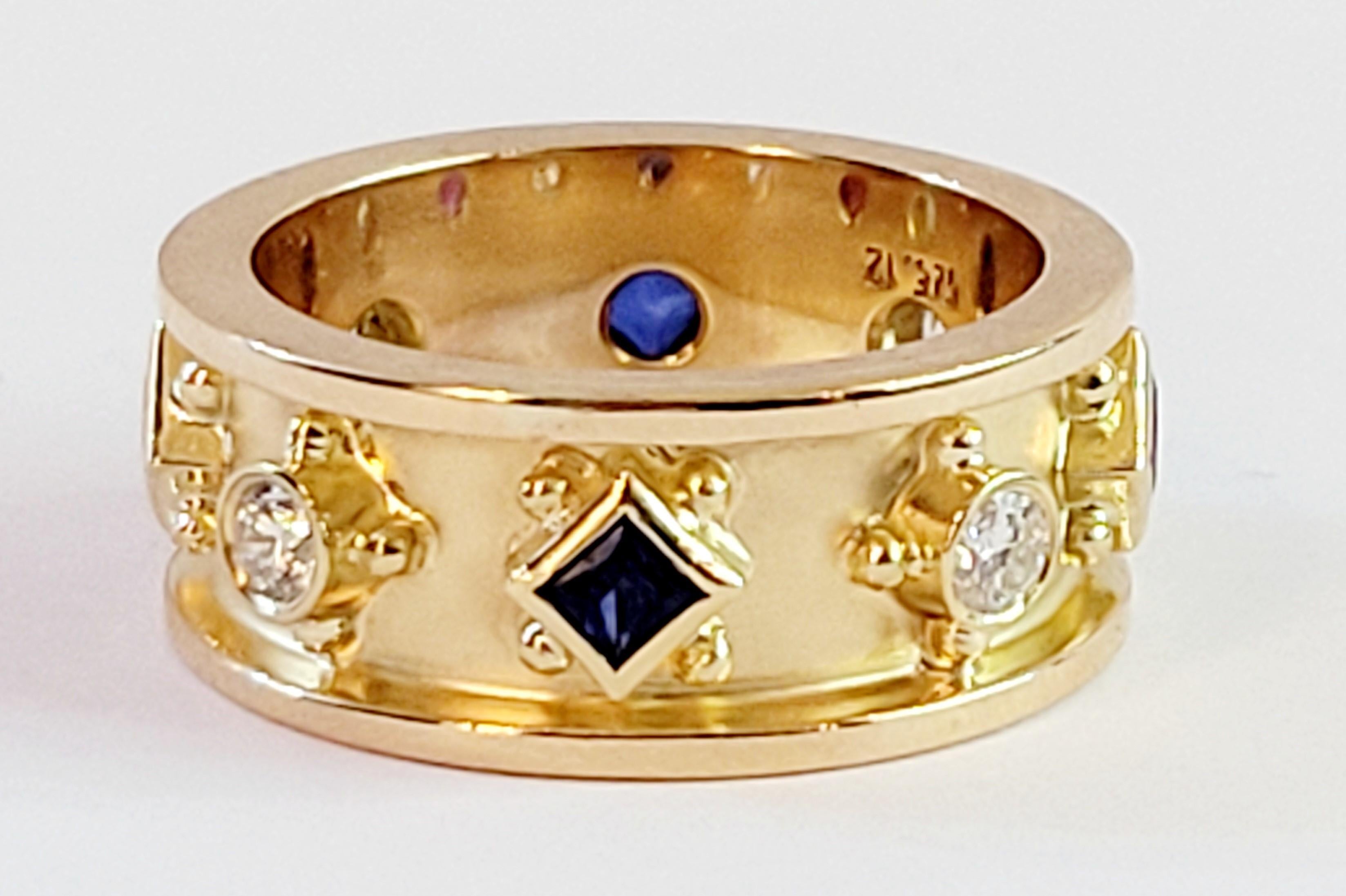 Hand-Made Ring with Diamonds 
Material 18K yellow Gold
Stone Colors Sapphire, Ruby, 
Princess cut Sapphire .20ct
Princess cut Ruby .20ct
Diamond .40ct Clarity VS, Color E
Ring Weight 10gr 
Gender Women 
Condition Mint. Like new
Retail Price: $3900